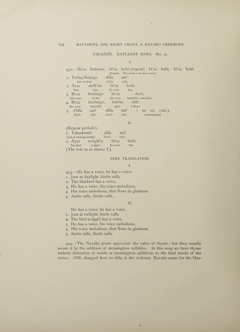 YIKAIGIN. DAYLIGHT SONG. No. 12. I. 952.—Bi'za holoone. bi'za hold (repeat) bi'za hold, bi'za holo. (Prelude. Bi'za holo = he has a voice). I. Tsi/zayilk :anigo nfdla ani‘. Just at dawn Sialia calls. 2. Ayajr dolWzie bi'za hold, Bird blue his voice has, 3- Bi'za holonigo bi'za hozo, His voice he has his voice beautiful, melodious, 4- Bi'za //ozonigo, hwfihe inlf‘. His voice beautiful, glad it flows. 5- DoIsl ani‘ do la ani‘ i a n ee, (etc.). Sialia calls Sialia calls (meaningless). II. (Repeat prelude). 1. Tsfna/zotsdi do\a. ani‘. Just at evening twilight Sialia calls. 2. AyaT trolga/ie bi'za hold. The bird trolga/i his voice has. (The rest as in stanza I.). FREE TRANSLATION. I. 953. —He has a voice, he has a voice. 1. Just at daylight Sialia calls. 2. The bluebird has a voice, 3. He has a voice, his voice melodious, 4. His voice melodious, that flows in gladness. 5. Sialia calls, Sialia calls. II. He has a voice, he has a voice. 1. Just at twilight Sialia calls. 2. The bird trolga/i has a voice. 3. He has a voice, his voice melodious, 4. His voice melodious, that flows in gladness. 5. Sialia calls, Sialia calls. 954. —The Navaho poets appreciate the value of rhyme ; but they usually secure it by the addition of meaningless syllables. In this song we have rhyme without distortion of words or meaningless additions to the final words of the ZD6W, changed here to do la, is the ordinary Navaho name for the blue- verses.