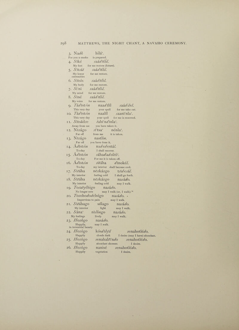 'J 3- Nat/e hila‘. For you a smoke is prepared. 4- Sike saaditYd. My feet for me restore (future). 5- .Sitsa/ saaditYd. My lower extremities for me restore. 6. ^ltsis saaditYi/. My body for me restore. 7* ^Si'ni ^aa<7itli/. My mind for me restore. 8. ^Ine saaditU/. My voice for me restore. 9- Tadists'm xiaadiWX saaddol. This very day your spell for me take out. 10. Tadists'm naalil jaani'nla1. This very day your spell for me is removed. 11. .SitsacUe /ahi'nt/inla1. Away from me you have taken it. 12. Nizago M'tsa1 nenla*. Far off from me it is taken. *3- NizaP'O O nastlm. Far off you have done it. 14. Adistsm nadedesta/. To-day I shall recover. x5- Adistsm d-ahat/a^ol/o1. To-day For me it is taken off. 16. Adistsm sit aha d inoke/. To-day my interior shall become cool. i7- .5’1/aha nezkazgo tsidesa/. My interior feeling cold I shall go forth. 18. .ST/aha nezkazgo na-yat/o. My interior feeling cold may I walk. 19. Toya/yehigo nasado. No longer sore may I walk (or, I walk).16 20. Tb-yohotfWelmgo nasado. > Impervious to pain may I walk. 21. .Si/ahago solago nasado. My interior light may I walk. 22. ^ana1 nLvlmgo nasado. My feelings lively may I walk. 23- Hozogo nasado. Happily, may I walk. in terrestrial beauty 24. Hozogo kosdilyil ^enahotlet/o. Happily clouds dark I desire (may I have) abundant. 25- Hozogo O senahaltVndo d-enahotlet/o. Happily abundant showers I desire. 26. Hozogo nanise •fenahotlet/o.