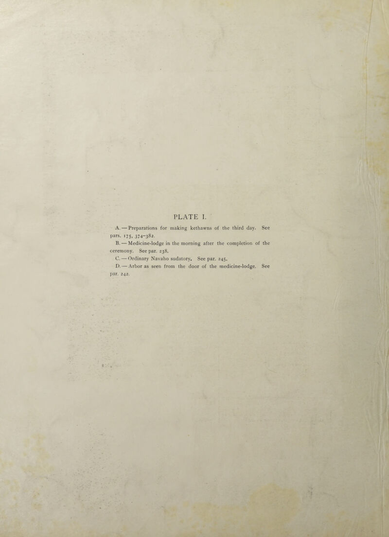 A. — Preparations for making kethawns of the third day. See Pars. i7S, 374382. B. — Medicine-lodge in the morning after the completion of the ceremony. See par. 238. C. — Ordinary Navaho sudatory. See par. 245. D. — Arbor as seen from the door of the medicine-lodge. See par. 242.