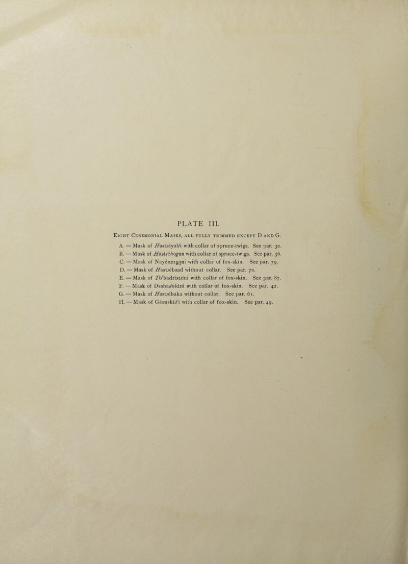 Eight Ceremonial Masks, all fully trimmed except D and G. A. — Mask of Afastreyal/i with collar of spruce-twigs. See par. 30. B. — Mask of Hastre/^og-an with collar of spruce-twigs. See par. 36. C. — Mask of Nayenezgani with collar of fox-skin. See par. 79. D. — Mask of Zfastrebaad without collar. See par. 70. E. — Mask of 7o‘badzist.rini with collar of fox-skin. See par. 87. F. — Mask of Dsaha^/oldaa with collar of fox-skin. See par. 42. G. — Mask of ATastiebaka without collar. See par. 61. H. — Mask of G&Tzaskiob' with collar of fox-skin. See par. 49.