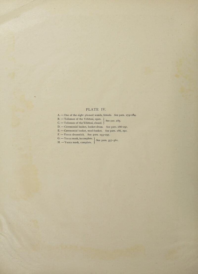 A. — One of the eight plumed wands, female. See pars. 279-284. B. — Talisman of the Yebitj-ai, open. ) _ v See par. 285. C. — Talisman of the Yebitrai, closed, j D. — Ceremonial basket, basket-drum. See pars. 286-291. E. — Ceremonial basket, meal-basket. See pars. 286, 292. F. — Yucca drumstick. See pars. 293-297. G. — Yucca mask, incomplete. } w v , , t \ See Pars- 357-36i. H. — \ ucca mask, complete. )