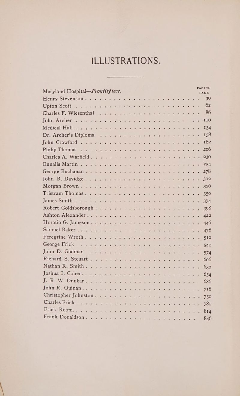 ILLUSTRATIONS. Maryland Hospital—Frontisptiece. ee Henry: Stevenson: - 0.5. eae ee ee ee ee 30 Upton Scott ogo sich coarse ene Reimer are rere ee 62 Charles? EWiesenthal’v:.- 2.3.6 ee ee ee ee ee 86 John Archeraie. fetes re ee me ere ae ae LTO Medicalsrlalimi.. i -0ui-ae can tere beeen Sig dente aie ene tee eos ete 134 DraArcher’s: Diplomas.) 7s ee A fp ee ee BS 158 John. Crawtord f catce. evnrwecatue ate erie ons ae aes ae oes 182 PhilipsDhomasye. sie a cures ee eee ore or eer ae 206 Charles*A:<3 Warfield teases: uray een, Eien es ee ee re eon, 230 EnnallseMartin®: 2 sees te ee ee es ee eae 254 George: Buchanan as ccs ee ee ee ee, 278 John >Bis Davide ei. gaa ei aye oe ee 302 Morgan; Brow mites i oso ere ete td ce ees eo oe 326 ‘Tristram: Lhomase: see eet eee ee ee 350 James: Smith #:) ere sca cece ae ure ae ee ae amr eee arg gee 374 Roberts Goldsborotig ee eee ee 308 Ashton Aléxander25, ees ee ee ee ee ee eee 422 Horatio:G2] ameson;ees esa near econ ee ee 446 Samuel Bakery. 7.078 coeur wear rene ee tee cant tr aeoe eas 478 Peregrine: Wroth =. 90 ye sce ice eee ae ee ee 510 Georgeah rick a ue .s aes meee rola ee ee ee ate 542 John=D?: Godman: acsscercn ae ee ee 574 Richard?S Steuart ts) ere en 606 NathangRe-Srnit iitee terse crteai ae oe artes aera cme mote 630 Joshuasle.Cohen.2 ayant eee cen ee ee ee eee 654 JooR.tWe Dun Darga ae ee cree cre a, ans ee re 686 John Ri. Ouinan cee secre eee ene er ee ap 718 Christopher J olinston mye see een ee 750 Charles Frick) Son fae tee ac See ee eta ee ee 782 Frick Root. ws vere scaeets cme tn eae Oa ae ee ane eee 814