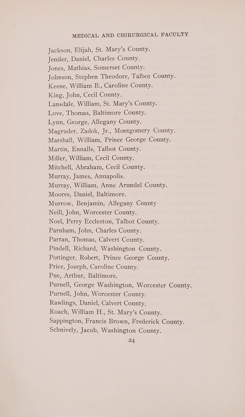 Jackson, Elijah, St. Mary’s County. Jenifer, Daniel, Charles County. Jones, Mathias, Somerset County. Johnson, Stephen Theodore, Talbot County. Keene, William B., Caroline County. King, John, Cecil County. Lansdale, William, St. Mary’s County. Love, Thomas, Baltimore County. Lynn, George, Allegany County. Magruder, Zadok, Jr., Montgomery County. Marshall, William, Prince George County. Martin, Ennalls, Talbot County. Miller, William, Cecil County. Mitchell, Abraham, Cecil County. Murray, James, Annapolis. Murray, William, Anne Arundel County. Moores, Daniel, Baltimore. Murrow, Benjamin, Allegany County Neill, John, Worcester County. Noel, Perry Eccleston, Talbot County. Parnham, John, Charles County. Parran, Thomas, Calvert County. Pindell, Richard, Washington County. Pottinger, Robert, Prince George County. Price, Joseph, Caroline County. Pue, Arthur, Baltimore. Purnell, George Washington, Worcester County. Purnell, John, Worcester County. Rawlings, Daniel, Calvert County, Roach, William H., St. Mary’s County. Sappington, Francis Brown, Frederick County. Schnively, Jacob, Washington County.