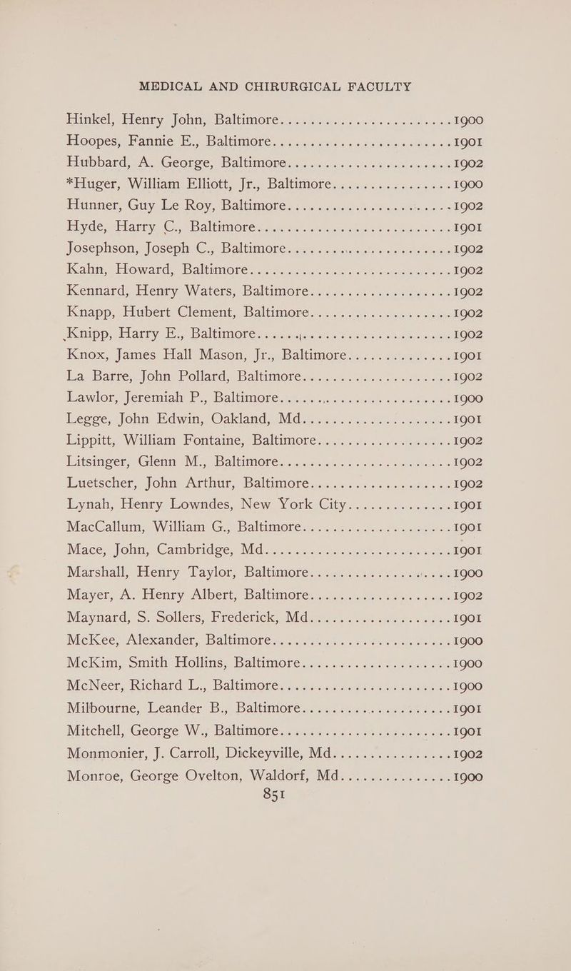 Piniel, dienty Onn, BaltimOles avi eS snes wat canoe cee 1goo Floopes, Dannie KE... Baltinioge. pircesurs(s + scacdis gh sa0che woke I9OI ELobbard, A. Geotee, Waltimote <5. 405 0. reas vcs ees 1902 *“Eacer, William riot, |r Ballimoresc: css... S08: 30 23 1900 Eiunner, Guy le:Roy, Ballinteer: 54.2. 5.60.8 80.2 cae ies 1902 biyde whlanty CG. -Balttniores aa ais nea 3 dO os eude dss IQOI posephson, Joseph... Baltimore. cy «cciciacttewe ani ohs Sees 1902 iealin, Toward, “Baltni@res o5.enwenes ault +. 8S oenerig sits oe 1902 Kennard, Menry Waters, Baltimore y..52. 448 «ity ew ws 1902 Knapp, Hubert Clement, Baltimore... ..205<ises+s400 1902 Kaipp, Harry E., Baltimore:........ Heeteaaaaits cde eee pancreas 1g02 Knox, James: Elall Mason, Ir. Baltimore cs9< ato ed 2 a I9OI ha; Barre. johia Pollard. Baltimore isc. Seki oo ats Be 1902 Lawlor, Jeremiah P., Baltimore.:.... . Goa a ee nee, dae 1900 Legoe.. John: Mdwan, Oakland Ndi ules . sted scp IQoI Lappitt, Willan Pontaine. Baltimore... 4) Jace wc: 1902 itsmiger,: Glenn Ni OP altimore. cea anit 2. ee ae 1902 Luetscher, John Arthtr, Baltumoreé:ts sca sans wrod > os 1902 Lynah,. Hemry: Lowndes, New York City ....06 6. ..40.4. IQOI MacCallum, VWillameG. Baltumnore 53 .cicct3 oto ent IgOl Mace: John, Canibridge. Mids iia aoe IQOI Marshall,- Henry Taylor, Balttmores.gac.5205 5: i, $6400 Mayer, A. Plenry Alben, Daltitonres 23.2. 22. eos 1902 Maynard, S. Sollers; Prederick .idenn.s. <. @54.5 i ag hs IQOI Mckee, Alexander, Baltimore ce ia 62 « ns Lecce ts Ge 1900 DMekim, Smith Plollins. Baltiniore..0i 22.22.08 eat oe 1900 BMeNeer, Richard). Baltimores 6025 vats aoa se 1900 Mitbourne, Leander B., Balttmores. a...0.2) Cent, fer IQOL Mitchell, George W 7 Balttmorée 2 iiss: ooo EOOE Monmonier, |, Carroll, Dickeyville, Mdo.. 3. ..0562..- 1902 Monroe, George Ovelton, Waldorf, Md. .....2....-.4. 1900