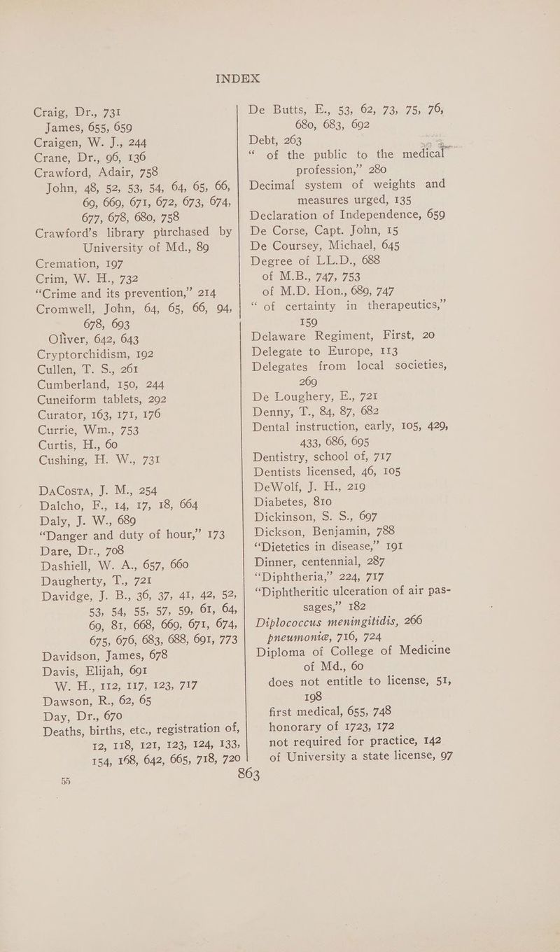 Crate Dr5.731 James, 655, 659 Craigen, W. J., 244 Crane, Dr.,.96, 136 Crawford, Adair, 758 John, 48, 52, 53, 54, 64, 65, 66, 69, 669, 671, 672, 673, 674, 677, 678, 680, 758 Crawford’s library purchased by University of Md., 89 Cremation, 197 Crim, W. H., 732 “Crime and its prevention,’ 214 Cromwell, John, 64, 65, 66, 94, _ 678, 693 Oliver, 642, 643 Cryptorchidism, 192 Cullen, T..S., 261 Cumberland, 150, 244 Cuneiform tablets, 292 Curator, 163, 171, 176 Currie, Wm., 753 Curtis, H., 60 Cushing, H. W., 731 DaCosta, J. M.,..254 Dalcho, F., 14, 17, 18, 664 Daly, J. W., 6890 “Danger and duty of hour,” 173 Dare, Dr., 708 Dashiell, W. A., 657, 660 Daugherty, T., 721 Davidge, J. B., 36, 37, 41, 42, 52, 53, 54, 55, 57, 59, 61, 64, 69, 81, 668, 6609, 671, 674, 675, 676, 683, 688, 691, 773 Davidson, James, 678 Davis, Elijah, 691 We, £52) 117 823,47 17 Dawson, R., 62, 65 Day, Dr.,670 Deaths, births, etc., registration of, 12, 118, 121, 123, 124, 133; 154, 168, 642, 665, 718, 720 De? Butts, B....$3;.62)2 73:0 7512.79 680, 683, 692 Debt, 263 99 profession,” 280 Decimal system of weights and measures urged, 135 Declaration of Independence, 659 De Corse, Capt. John, 15 De Coursey, Michael, 645 Degree of LL.D., 688 of M.B., 747, 753 of M.D. Hon., 689, 747 “ of certainty in therapeutics,” 159 Delaware Regiment, First, 20 Delegate to Europe, 113 Delegates from local societies, 269 De Loughery, E., 721 Denny, T., 84, 87, 682 Dental instruction, early, 105, 420, 433, 686, 695 Dentistry, school of, 717 Dentists licensed, 46, 105 DeWolt, J. H.,,210 Diabetes, 810 Dickinson, S. S., 607 Dickson, Benjamin, 788 ‘Dietetics in disease,” 191 Dinner, centennial, 287 “Diphtheria,” 224, 717 ‘Diphtheritic ulceration of air pas- sages,” 182 Diplococcus meningitidis, 266 pneumonia, 710, 724 Diploma of College of Medicine of Md., 60 does not eatiile to license, 51, 198 first medical, 655, 748 honorary of 1723, 172 not required for practice, 142 of University a state license, 97