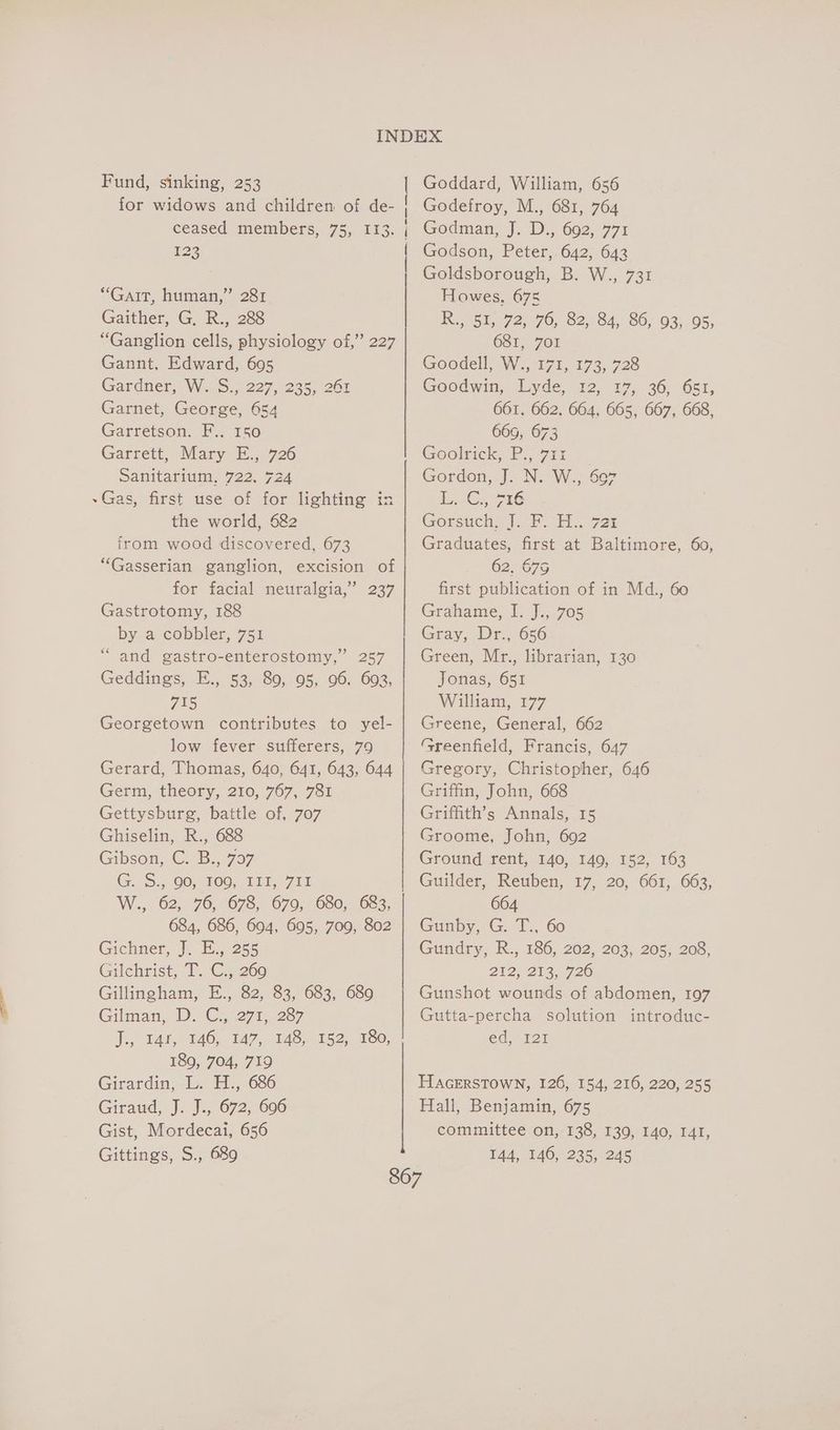 Fund, sinking, 253 for widows and children of de- ceased members, 75, I13. 123 “GAIZ, human,’ 281 Gaither, G, R., 288 “Ganglion cells, physiology of,” 227 Gannt, Edward, 695 Garnet, George, 654 Garretson. F.. 150 Garrett, Mary E., 726 Sanitarium, 722, 724 ~Gas, first use of for lighting in the world, 6&amp;2 from wood discovered, 673 “Gasserian ganglion, excision of for facial neuralgia,’ 237 Gastrotomy, 188 by a cobbler, 751 and gastro-enterostomy,” 257 Geddings, E., 53, 80, 95, 96, 693, 715 Georgetown contributes to yel- low fever sufferers, 79 Gerard, Thomas, 640, 641, 643, 644 Germ, theory, 210, 767, 781 Gettysburg, battle of, 707 Ghiselin, R., 688 Gibson, C. B., 797 G.. S., 60,500, 111-0711 W., 62, 76, 678, 679, 680, 683, 684, 686, 694, 695, 709, 802 Gichner, J. E., 255 Gilchrist, 1. C260 Gillingham, E., 82, 83, 683, 689 Gilman, D. C.271 287 J, lal, 346, 147, 245)-1528 160, 189, 704, 719 Girardin, L. H., 686 Giraud, J. J., 672, 696 Gist, Mordecai, 656 (<9 Goddard, William, 656 Godefroy, M., 681, 764 Godman, J. D., 692, 771 Godson, Peter, 642, 642 Goldsborough, B. W., 731 Howes, 675 R., 51, 72, 76, 82, 84, 86, 93, 95, 681, 7OI Goodell, W., 171, 173, 728 Goodwin, -Lyde, 22; 17, 36, 651, 661. 662. 664, 665, 667, 668 669, 673 Goolrick, P., 711 Gordon, J. N. W., 697 DAR Oat Gorsuch, J.-F. H.. 724 Graduates, first at Baltimore, 60, 62, 675 first publication of in Md., 60 Grahame, F. J.,-705 Gray, Dr., 656 Green, Mr., librarian, 130 Jonas, 651 William, 177 Greene, General, 662 Greenfield, Francis, 647 Gregory, Christopher, 646 Griffin, John, 668 Griffith’s Annals, 15 Groome, John, 692 Ground rent, 140, 149, 152, 163 Guilder, Reuben, 17, 20, 661, 663, 664 Gunby, G: T.. 60 Gundry, R., 186, 202, 203, 205, 208, BI 2.2? 726 Gunshot wounds of abdomen, 197 Gutta-percha solution introduc- ed, 121 J HAGERSTOWN, 126, 154, 216, 220, 255 Hall, Benjamin, 675 committee on, 138, 139, 140, I4I,