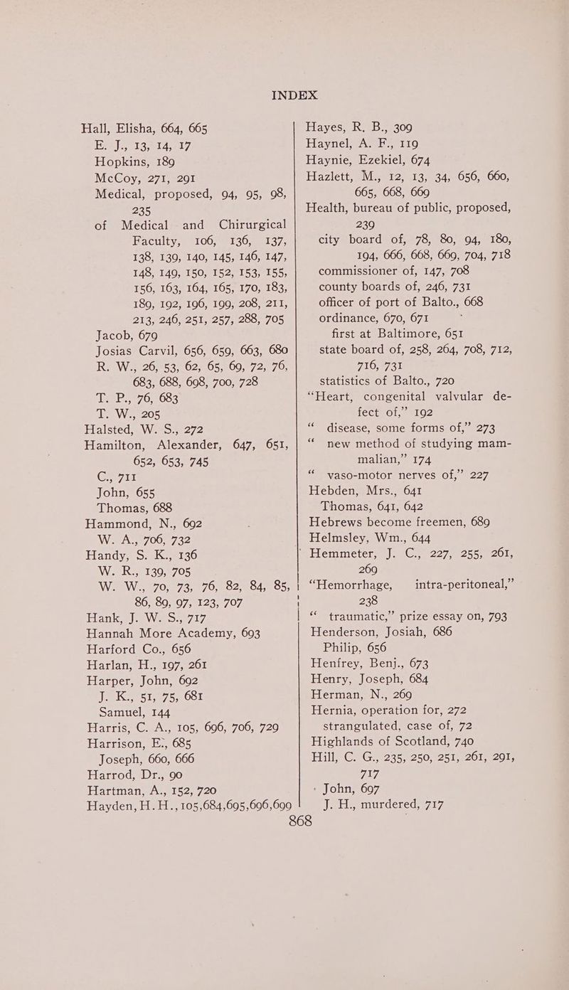 Hall, Elisha, 664, 665 ERA e139 eds el7 Hopkins, 1&amp;9 McCoy, 271, 201 Medical, proposed, 94, 95, 98, 235 of Medical and Chirurgical Haculty, +100709130,, 0137; 138, 139, 140, 145, 146, 147, 148, 149, 150, 152, 153, 155, £50; 1034 104.5105;.370,, 103) 189, 192, 196, 199, 208, 211, 213, 246, 251, 257, 288, 705 Jacob, 679 Josias Carvil, 656, 659, 663, 680 Re W26°53.0602- 05,200, 72, 76, 683, 688, 698, 700, 728 Tea P S276 2653 T. W., 205 Halsted, W. S., 272 Hamilton, Alexander, 647, 651, 652, 653, 745 Gait John, 655 Thomas, 688 Hammond, N., 692 WAS, 7005-732 Tandy. os koi 30 W. R., 130, 705 W. W., 70, 73, 76, 82, 84, 85, 86, 89, 97, 123, 707 Hanke) VV se 7L7, Hannah More Academy, 693 Harford Co., 656 Harlan, H., 197, 261 Harper, John, 692 iid eu, Che Arnett Samuel, 144 Harris, C. A., 105, 696, 706, 729 Harrison, E., 685 Joseph, 660, 666 Harrod, Dr., 90 Hartman, A., 152, 720 Hayden, H.H.., 105,684,695 ,696,699 Hayes, R. B., 309 Haynel MATE 4 110 Haynie, Ezekiel, 674 Hazlett, Ms 12, 13, 34)050, 660, 665, 668, 669 Health, bureau of public, proposed, 239 city board of, 78, 80, 94, 180, 194, 666, 668, 669, 704, 718 commissioner of, 147, 708 county boards of, 246, 731 officer of port of Balto., 668 ordinance, 670, 671 first at Baltimore, 651 state board of, 258, 264, 708, 712, 716, 731 statistics of Balto., 720 “Heart, congenital valvular de- fect of,’ 192 disease, some forms of,” 273 new method of studying mam- malian,” 174 vaso-motor nerves of,” 227 Hebden, Mrs., 641 Thomas, 641, 642 Hebrews become freemen, 689 Helmsley, Wm., 644 &amp;é «é (<3 2690 “Hemorrhage, 238 traumatic,’ prize essay on, 703 Henderson, Josiah, 686 Philip, 656 Henfrey, Benj., 673 Henry, Joseph, 684 Herman, N., 269 Hernia, operation for, 272 strangulated, case of, 72 Highlands of Scotland, 740 Hill Ga Gei2355-250 725172010 IPMS ‘ John, 697 J. H., murdered, 717 intra-peritoneal,” (a3