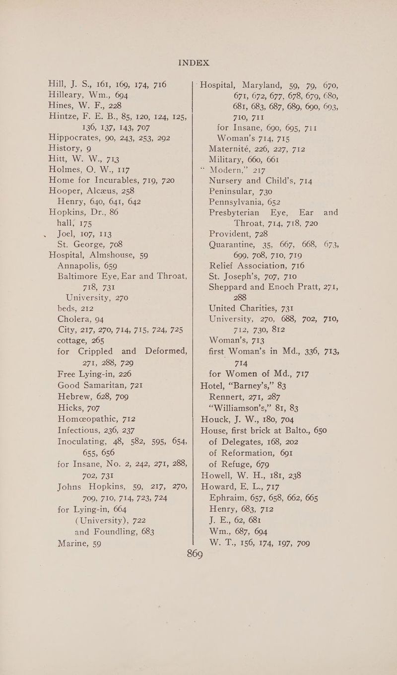 . Fill, J.2S./ 161, 16ey 17456726 Hilleary, Wm., 604 Hines, W. F., 228 Frintze, Fs BeB..35, 120 124, 425, Hippocrates, 90, 243, 253, 202 History, 9 Hitt Wg Wi 718 Holmes, O. W., 117 Home for Incurables, 719, 720 Hooper, Alczus, 258 Henry, 640, 641, 642 Hopkins, Dr., 86 hall, 175 Joel. 107,113 St. George, 708 Hospital, Almshouse, 59 Annapolis, 659 Baltimore Eye, Ear and Throat, 718, 738 University, 270 beds, 212 Cholera, 94 City, 217, 270, 714, 715, 724, 725 cottage, 265 for Crippled and Deformed, 271, 280, 720 Free Lying-in, 226 Good Samaritan, 721 Hebrew, 628, 709 Hicks, 707 Homeopathic, 712 Infectious, 236, 237 Inoculating, 48, 582, 595, 654, 655, 656 for Insane, No. 2, 242, 271, 288, 702,731 Johns Hopkins, 50,. 217, 270, 709, 710, 714, 723, 724 for Lying-in, 664 (University), 722 and Foundling, 683 Marine, 59 ‘Hospital, Maryland, 59, 79, 670, 671, 672, 677, 678, 679, 680, 681, 683, 687, 689, 690, 693, 710, 7II Woman’s 714, 715 Maternité, 226, 227, 712 Military, 660, 661 “ Modern,” 217 Nursery and Child’s, 714 Peninsular, 730 Pennsylvania, 652 Presbyterian Eye, Ear and Throat, V4). 7ie, 720 Provident, 728 | Quarantine, 35, 667, 668, 673, 699, 708, 710, 719 Relief Association, 716 St. Joseph’s, 707, 710 Sheppard and Enoch Pratt, 271, 288 United Charities, 731 University, 270, 688, 702, 710, 712, 730, Si2 Woman’s, 713 first Woman’s in Md., 336, 713, 714 for Women of Md., 717 Hotel, “Barney’s,” 83 Rennert, 271, 287 “Williamson’s,” 81, 83 Houck, J. W., 180, 704 House, first brick at Balto., 650 of Delegates, 168, 202 of Reformation, 691 of Refuge, 679 Howell, W. H., 181, 238 Howard, EF... 717 Ephraim, 657, 658, 662, 665 Henry, 683, 712 J. E., 62, 681 Wm., 687, 604 W. T., 156, 174, 197, 700 869