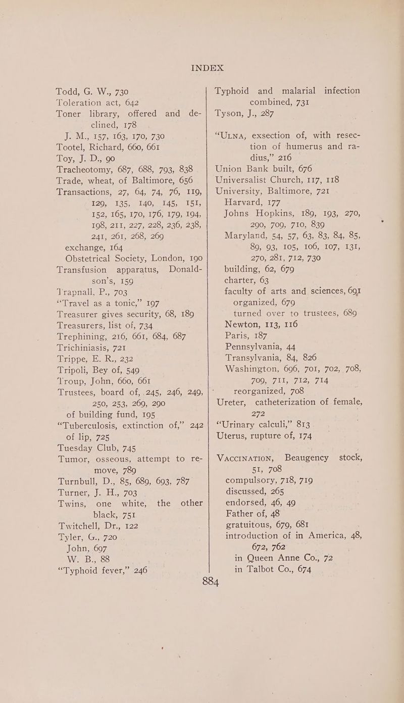 PoddaGavy. 720 Toleration act, 642 Toner library, offered and de- clined, 178 Joo 05726 O8s417.0,57.30 Tootel, Richard, 660, 661 Toy, J. D., 90 Tracheotomy, 687, 688, 793, 838 Trade, wheat, of Baltimore, 656 Transactions, 27, 64, 74, 76, 110, 129, 135, 140, 145, I51; 2A 2011205, 200 exchange, 164 Obstetrical Society, London, 190 Transfusion apparatus, Donald- son’s, 159 rapualls e703 Hiravelmass tonic, 5107 Treasurer gives security, 68, 189 Treasurers, list of, 734 Trephining, 216, 661, 684, 687 Trichiniasis, 721 Lrippe; ake 232 Tripoli, Bey of, 549 Troup, John, 660, 661 ’ 250, 253, 269, 290 of building fund, 195 “Tuberculosis, extinction of,’ 242 of lip, 725 Tuesday Club, 745 Tumor, osseous, attempt to re- move, 789 Dur bullae pe O5e069,600 3707 ADA RTT en) ae ble 03 sag Twins, one white, the black, 751 Twitchell, Dr., 122 Gylera.G.0720 «. John, 697 W. B., 8&amp;8 “Typhoid fever,” 246 other Typhoid and malarial infection combined, 731 Tysony 52287 “ULNA, exsection of, with resec- tion of humerus and ra- dius,’’ 216 Union Bank built, 676 Universalist Church, 117, 118 University, Baltimore, 721 Elarvard, 177 Johns Hopkins, 189, 193, 270, 290, 709, 710, 839 Maryland, 54, 57, 63, 83, 84, 85, 806036105 .6100,0107 at 31, 270.201 7124750 building, 62, 679 charter, 63 faculty of arts and sciences, 691 organized, 679 turned over to trustees, 689 Newton, 113, 116 Parise 67 Pennsylvania, 44 Transylvania, 84, 826 Washington, 696, 701, 702, 708, 709, 7II, 712, 714 reorganized, 708 Ureter, catheterization of female, 272 “Urinary calculi,” 813 Uterus, rupture of, 174 VACCINATION, Beaugency — stock, 51, 708 compulsory, 718, 719 discussed, 265 endorsed, 46, 49 Father of, 48 gratuitous, 679, 681 introduction of in America, 48, 672, 762 . in Queen Anne Co., 72 ine balbot. Go. 074