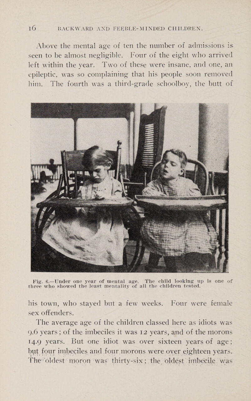 Above the mental age of ten the number of admissions is seen to he almost negligible. Four of the eight who arrived left within the year. Two of these were insane, and one, an epileptic, was so complaining that his people soon removed him. The fourth was a third-grade schoolboy, the butt of Fig. 6.—Under one year of mental age. The child looking up is one of three who showed the least mentality of all the children tested. his town, who stayed but a few weeks. Four were female sex offenders. The average age of the children classed here as idiots was 9.6 years; of the imbeciles it was 12 years, and of the morons 14.9 years. But one idiot was over sixteen years of age ; but four imbeciles and four morons were over eighteen years. The1 oldest moron was thirty-six; the oldest imbecile was