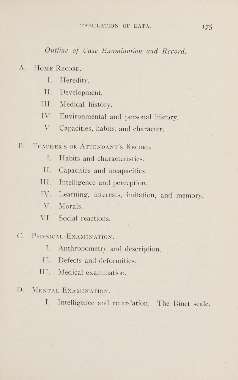 Outline of Case Examination and Record. A. Home Record. I. Heredity. II. Development. III. Medical history. IV. Environmental and personal history. Y. Capacities, habits, and character. B. Teacher’s or Attendant’s Record. I. Habits and characteristics. II. Capacities and incapacities. III. Intelligence and perception. IV. Learning, interests, imitation, and memory. V. Morals. VI. Social reactions. C. Physical Examination. I. Anthropometry and description. II. Defects and deformities. III. Medical examination. D. Mental Examination. I. Intelligence and retardation. The Binet scale.