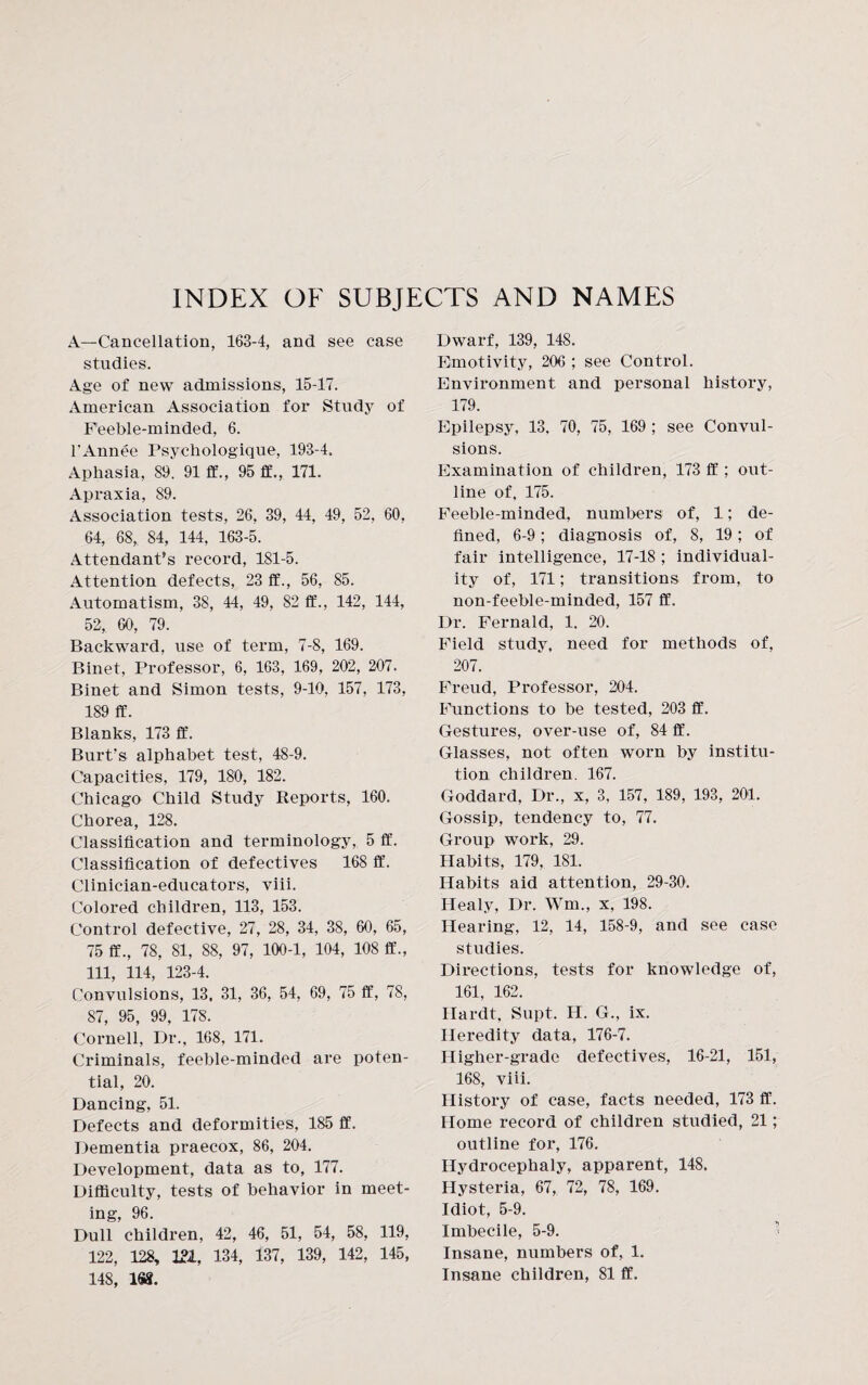 INDEX OF SUBJECTS AND NAMES A—Cancellation, 163-4, and see case studies. Age of new admissions, 15-17. American Association for Study of Feeble-minded, 6. l’Annee Psychologique, 193-4. Aphasia, 89. 91 ff., 95 ft., 171. Apraxia, 89. Association tests, 26, 39, 44, 49, 52, 60, 64, 68,. 84, 144, 163-5. Attendant’s record, 181-5. Attention defects, 23 ft., 56, 85. Automatism, 38, 44, 49, 82 ft., 142, 144, 52,. 60, 79. Backward, use of term, 7-8, 169. Binet, Professor, 6, 163, 169, 202, 207. Binet and Simon tests, 9-10, 157, 173, 189 ft. Blanks, 173 ff. Burt’s alphabet test, 48-9. Capacities, 179, 180, 182. Chicago Child Study Reports, 160. Chorea, 128. Classification and terminology, 5 ff. Classification of defectives 168 ff. Clinician-educators, viii. Colored children, 113, 153. Control defective, 27, 28, 34, 38, 60, 65, 75 ff., 78, 81, 88, 97, 100-1, 104, 108 ff., Ill, 114, 123-4. Convulsions, 13, 31, 36, 54, 69, 75 ff, 78, 87, 95, 99, 17S. Cornell, Dr., 168, 171. Criminals, feeble-minded are poten¬ tial, 20. Dancing, 51. Defects and deformities, 185 ff. Dementia praecox, 86, 204. Development, data as to, 177. Difficulty, tests of behavior in meet¬ ing, 96. Dull children, 42, 46, 51, 54, 58, 119, 122, 128, 121, 134, 137, 139, 142, 145, i4s, m. Dwarf, 139, 148. Emotivity, 206 ; see Control. Environment and personal history, 179. Epilepsy, 13, 70, 75, 169 ; see Convul¬ sions. Examination of children, 173 ff ; out¬ line of. 175. Feeble-minded, numbers of, 1; de¬ fined, 6-9; diagnosis of, 8, 19; of fair intelligence, 17-18 ; individual¬ ity of, 171; transitions from, to non-feeble-minded, 157 ff. Dr. Fernald, 1. 20. Field study, need for methods of, 207. Freud, Professor, 204. Functions to be tested, 203 ff. Gestures, over-use of, 84 ff. Glasses, not often worn by institu¬ tion children. 167. Goddard, Dr., x, 3, 157, 189, 193, 201. Gossip, tendency to, 77. Group work, 29. Habits, 179, 181. Habits aid attention, 29-30. Healy, Dr. Wm„ x, 198. Hearing, 12, 14, 158-9, and see case studies. Directions, tests for knowledge of, 161, 162. Hardt, Supt. II. G., ix. Heredity data, 176-7. Higher-grade defectives, 16-21, 151, 168, viii. History of case, facts needed, 173 ff. Home record of children studied, 21; outline for, 176. Hydrocephaly, apparent, 148. Hysteria, 67, 72, 78, 169. Idiot, 5-9. Imbecile, 5-9. Insane, numbers of, 1. Insane children, 81 ff.