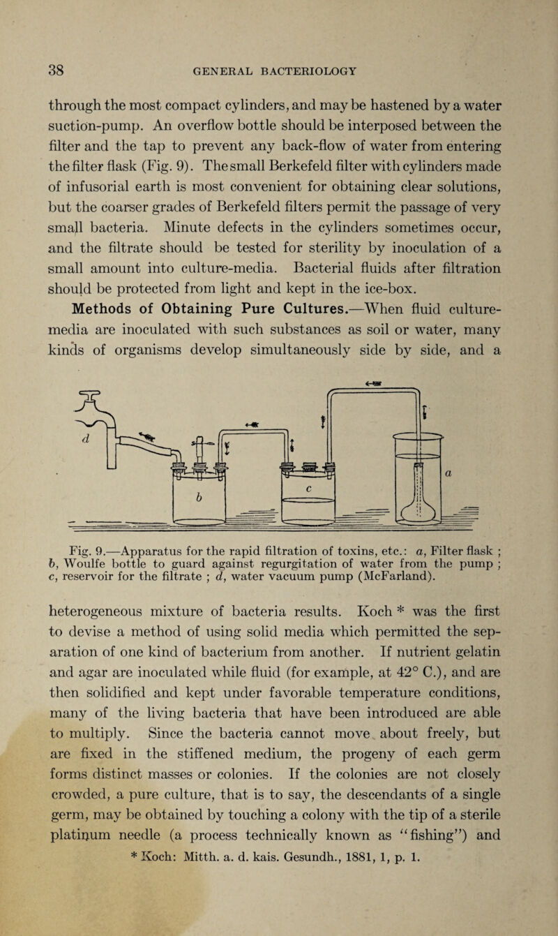 through the most compact cylinders, and may be hastened by a water suction-pump. An overflow bottle should be interposed between the filter and the tap to prevent any back-flow of water from entering the filter flask (Fig. 9). The small Berkefeld filter with cylinders made of infusorial earth is most convenient for obtaining clear solutions, but the coarser grades of Berkefeld filters permit the passage of very small bacteria. Minute defects in the cylinders sometimes occur, and the filtrate should be tested for sterility by inoculation of a small amount into culture-media. Bacterial fluids after filtration should be protected from light and kept in the ice-box. Methods of Obtaining Pure Cultures.—When fluid culture- media are inoculated with such substances as soil or water, many kinds of organisms develop simultaneously side by side, and a Fig. 9.—Apparatus for the rapid filtration of toxins, etc.: a, Filter flask ; b, Woulfe bottle to guard against regurgitation of water from the pump ; c, reservoir for the filtrate ; d, water vacuum pump (McFarland). heterogeneous mixture of bacteria results. Koch * was the first to devise a method of using solid media which permitted the sep¬ aration of one kind of bacterium from another. If nutrient gelatin and agar are inoculated while fluid (for example, at 42° C.), and are then solidified and kept under favorable temperature conditions, many of the living bacteria that have been introduced are able to multiply. Since the bacteria cannot move about freely, but are fixed in the stiffened medium, the progeny of each germ forms distinct masses or colonies. If the colonies are not closely crowded, a pure culture, that is to say, the descendants of a single germ, may be obtained by touching a colony with the tip of a sterile platiijum needle (a process technically known as “fishing”) and * Koch: Mitth. a. d. kais. Gesundh., 1881, 1, p. 1.