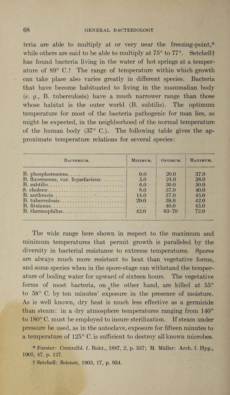 teria are able to multiply at or very near the freezing-point,* while others are said to be able to multiply at 75° to 77°. Setchell| has found bacteria living in the water of hot springs at a temper¬ ature of 89° C.! The range of temperature within which growth can take place also varies greatly in different species. Bacteria that have become habituated to living in the mammalian body (e. g., B. tuberculosis) have a much narrower range than those whose habitat is the outer world (B. subtilis). The optimum temperature for most of the bacteria pathogenic for man lies, as might be expected, in the neighborhood of the normal temperature of the human body (37° C.). The following table gives the ap¬ proximate temperature relations for several species: Bacterium. Minimum. Optimum. Maximum. B. phosphorescens. 0.0 20.0 37.0 B. fluorescens, var. liquefaciens. 5.0 24.0 38.0 B. subtilis. 6.0 30.0 50.0 S. cholerse. 8.0 37.0 40.0 B. anthracis.'. 14.0 37.0 45.0 B. tuberculosis. 29.0 38.0 42.0 B. fitzianus. 40.0 45.0 B. thermophilus. 42.0 63-70 72.0 The wide range here shown in respect to the maximum and minimum temperatures that permit growth is paralleled by the diversity in bacterial resistance to extreme temperatures. Spores are always much more resistant to heat than vegetative forms, and some species when in the spore-stage can withstand the temper¬ ature of boiling water for upward of sixteen hours. The vegetative forms of most bacteria, on the other hand, are killed at 55° to 58° C. by ten minutes’ exposure in the presence of moisture. As is well known, dry heat is much less effective as a germicide than steam: in a dry atmosphere temperatures ranging from 140° to 180° C. must be employed to insure sterilization. If steam under pressure be used, as in the autoclave, exposure for fifteen minutes to a temperature of 125° C. is sufficient to destroy all known microbes. * Forster: Centralbl. f. Bakt., 1887, 2, p. 337; M. Muller: Arch. f. Hyg., 1903, 47, p. 127. t Setchell: Science, 1903, 17, p. 934.