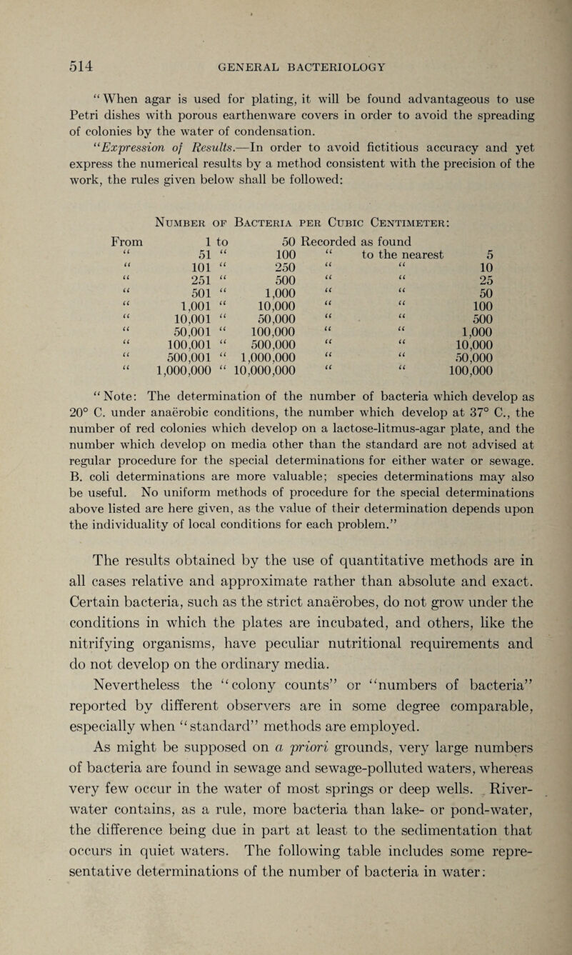 “ When agar is used for plating, it will be found advantageous to use Petri dishes with porous earthenware covers in order to avoid the spreading of colonies by the water of condensation. “Expression of Results.—In order to avoid fictitious accuracy and yet express the numerical results by a method consistent with the precision of the work, the rules given below shall be followed: Number ( OF Bacteria per Cubic Centimeter From 1 to 50 Recorded as found U 51 u 100 U to the nearest 5 u 101 u 250 U U 10 u 251 U 500 u u 25 u 501 a 1,000 u u 50 u 1,001 u 10,000 u u 100 u 10,001 u 50,000 u u 500 u 50,001 u 100,000 u u 1,000 u 100,001 u 500,000 (( u 10,000 u 500,001 u 1,000,000 u u 50,000 u 1,000,000 u 10,000,000 u u 100,000 “Note: The determination of the number of bacteria which develop as 20° C. under anaerobic conditions, the number which develop at 37° C., the number of red colonies which develop on a lactose-litmus-agar plate, and the number which develop on media other than the standard are not advised at regular procedure for the special determinations for either water or sewage. B. coli determinations are more valuable; species determinations may also be useful. No uniform methods of procedure for the special determinations above listed are here given, as the value of their determination depends upon the individuality of local conditions for each problem.” The results obtained by the use of quantitative methods are in all cases relative and approximate rather than absolute and exact. Certain bacteria, such as the strict anaerobes, do not grow under the conditions in which the plates are incubated, and others, like the nitrifying organisms, have peculiar nutritional requirements and do not develop on the ordinary media. Nevertheless the “ colony counts” or “numbers of bacteria” reported by different observers are in some degree comparable, especially when “standard” methods are employed. As might be supposed on a priori grounds, very large numbers of bacteria are found in sewage and sewage-polluted waters, whereas very few occur in the water of most springs or deep wells. River- water contains, as a rule, more bacteria than lake- or pond-water, the difference being due in part at least to the sedimentation that occurs in quiet waters. The following table includes some repre¬ sentative determinations of the number of bacteria in water;