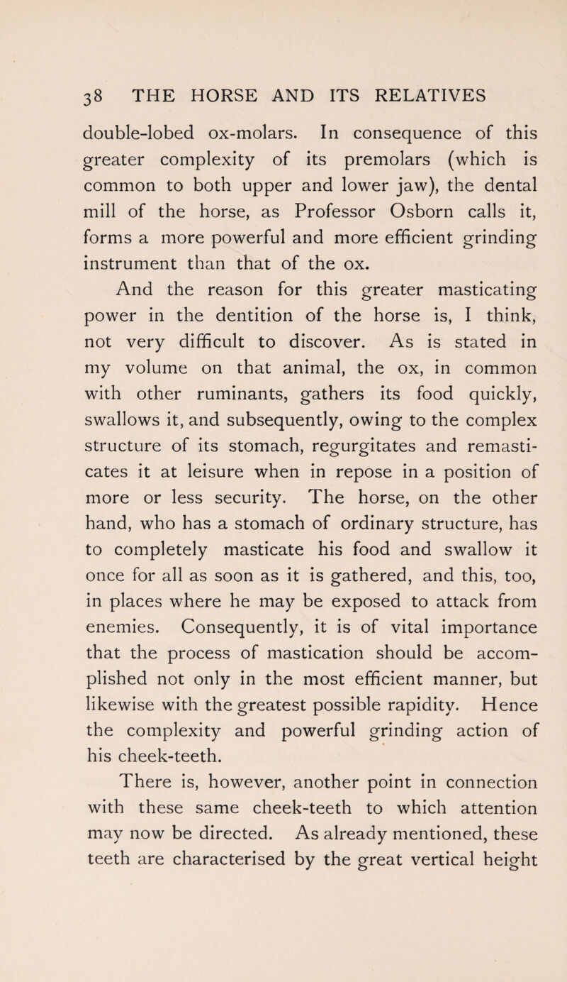 double-lobed ox-molars. In consequence of this greater complexity of its premolars (which is common to both upper and lower jaw), the dental mill of the horse, as Professor Osborn calls it, forms a more powerful and more efficient grinding instrument than that of the ox. And the reason for this greater masticating power in the dentition of the horse is, I think, not very difficult to discover. As is stated in my volume on that animal, the ox, in common with other ruminants, gathers its food quickly, swallows it, and subsequently, owing to the complex structure of its stomach, regurgitates and remasti¬ cates it at leisure when in repose in a position of more or less security. The horse, on the other hand, who has a stomach of ordinary structure, has to completely masticate his food and swallow it once for all as soon as it is gathered, and this, too, in places where he may be exposed to attack from enemies. Consequently, it is of vital importance that the process of mastication should be accom¬ plished not only in the most efficient manner, but likewise with the greatest possible rapidity. Hence the complexity and powerful grinding action of his cheek-teeth. There is, however, another point in connection with these same cheek-teeth to which attention may now be directed. As already mentioned, these teeth are characterised by the great vertical height