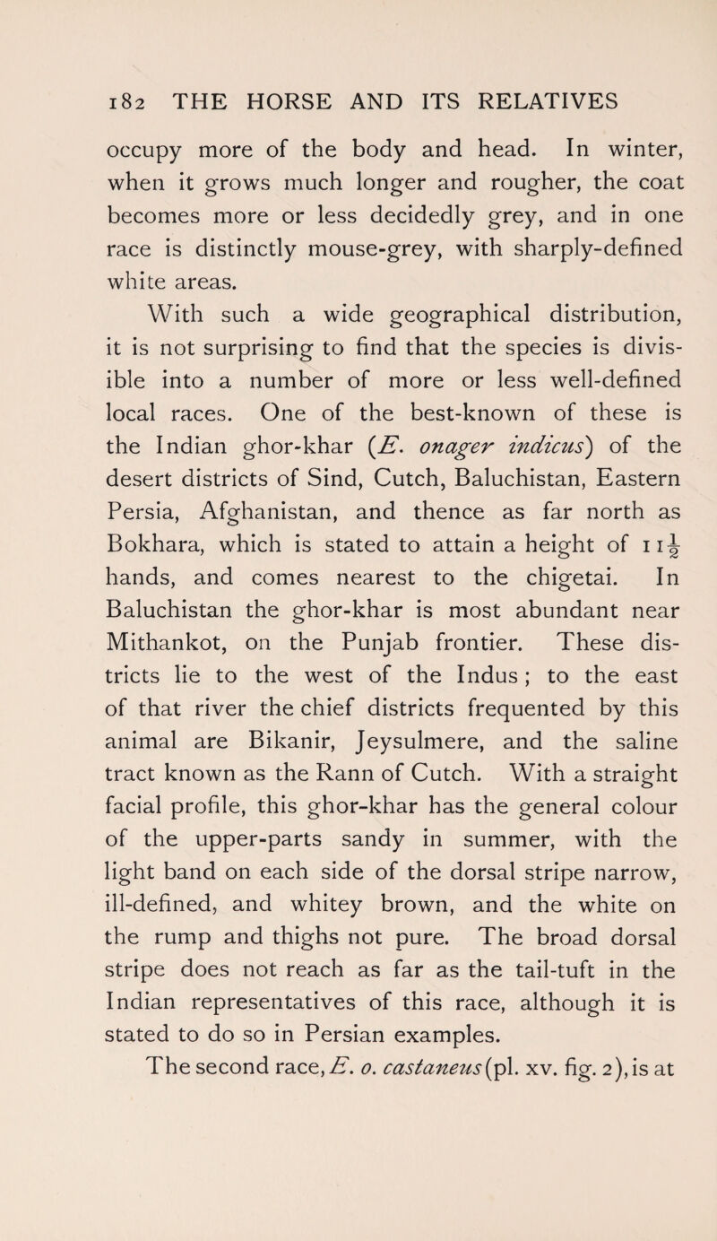 occupy more of the body and head. In winter, when it grows much longer and rougher, the coat becomes more or less decidedly grey, and in one race is distinctly mouse-grey, with sharply-defined white areas. With such a wide geographical distribution, it is not surprising to find that the species is divis¬ ible into a number of more or less well-defined local races. One of the best-known of these is the Indian ghor-khar (E. onager indicus) of the desert districts of Sind, Cutch, Baluchistan, Eastern Persia, Afghanistan, and thence as far north as Bokhara, which is stated to attain a height of 11^ hands, and comes nearest to the chigetai. In Baluchistan the ghor-khar is most abundant near Mithankot, on the Punjab frontier. These dis¬ tricts lie to the west of the Indus; to the east of that river the chief districts frequented by this animal are Bikanir, Jeysulmere, and the saline tract known as the Rann of Cutch. With a straight facial profile, this ghor-khar has the general colour of the upper-parts sandy in summer, with the light band on each side of the dorsal stripe narrow, ill-defined, and whitey brown, and the white on the rump and thighs not pure. The broad dorsal stripe does not reach as far as the tail-tuft in the Indian representatives of this race, although it is stated to do so in Persian examples. The second race, A. o. castaneus (p\. xv. fig. 2), is at