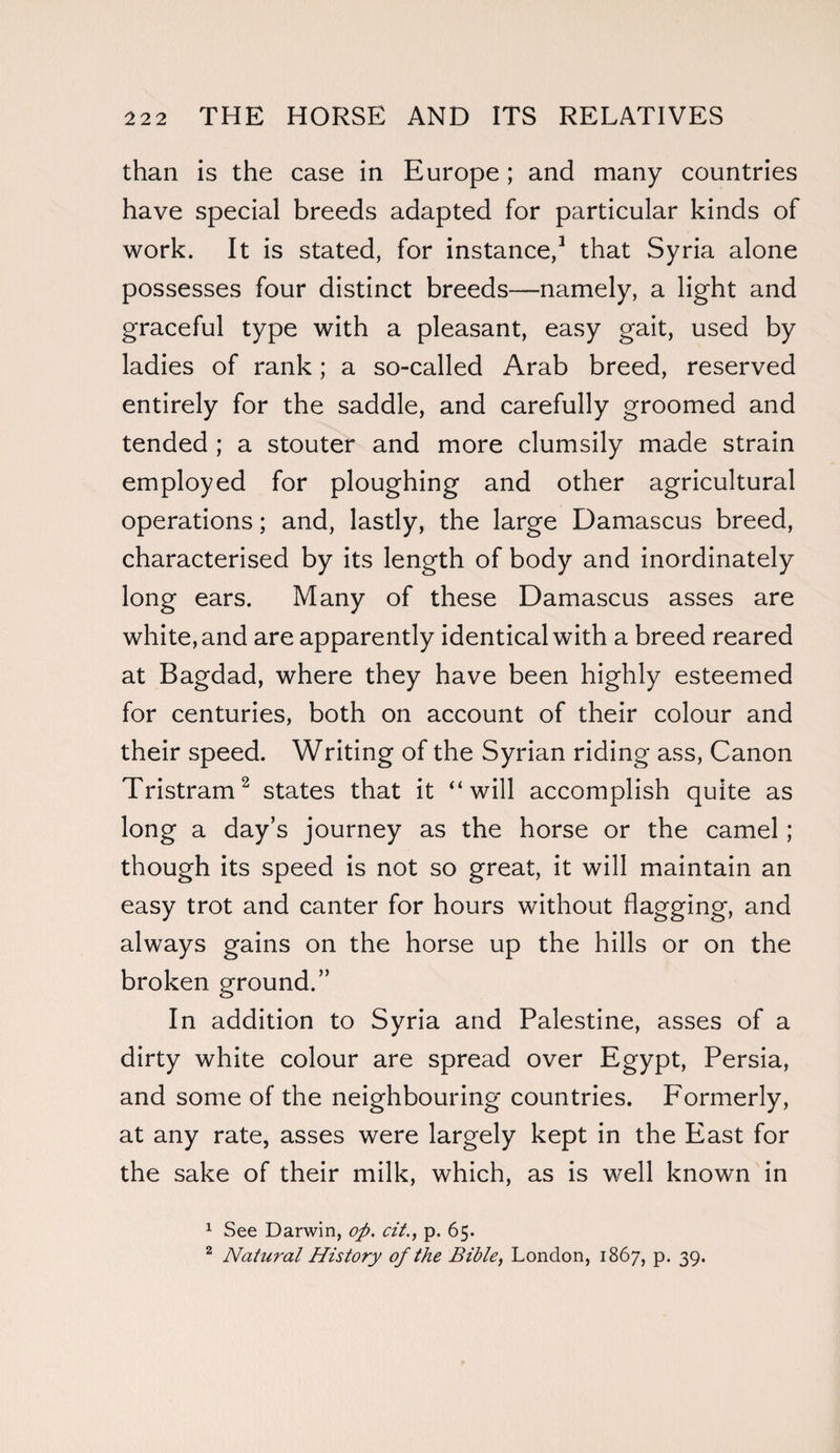 than is the case in Europe; and many countries have special breeds adapted for particular kinds of work. It is stated, for instance,1 that Syria alone possesses four distinct breeds—namely, a light and graceful type with a pleasant, easy gait, used by ladies of rank; a so-called Arab breed, reserved entirely for the saddle, and carefully groomed and tended ; a stouter and more clumsily made strain employed for ploughing and other agricultural operations; and, lastly, the large Damascus breed, characterised by its length of body and inordinately long ears. Many of these Damascus asses are white, and are apparently identical with a breed reared at Bagdad, where they have been highly esteemed for centuries, both on account of their colour and their speed. Writing of the Syrian riding ass, Canon Tristram2 states that it “will accomplish quite as long a day’s journey as the horse or the camel; though its speed is not so great, it will maintain an easy trot and canter for hours without flagging, and always gains on the horse up the hills or on the broken ground.” In addition to Syria and Palestine, asses of a dirty white colour are spread over Egypt, Persia, and some of the neighbouring countries. Formerly, at any rate, asses were largely kept in the East for the sake of their milk, which, as is well known in 1 See Darwin, op. cit., p. 65. 2 Natural History of the Bible, London, 1867, p. 39.