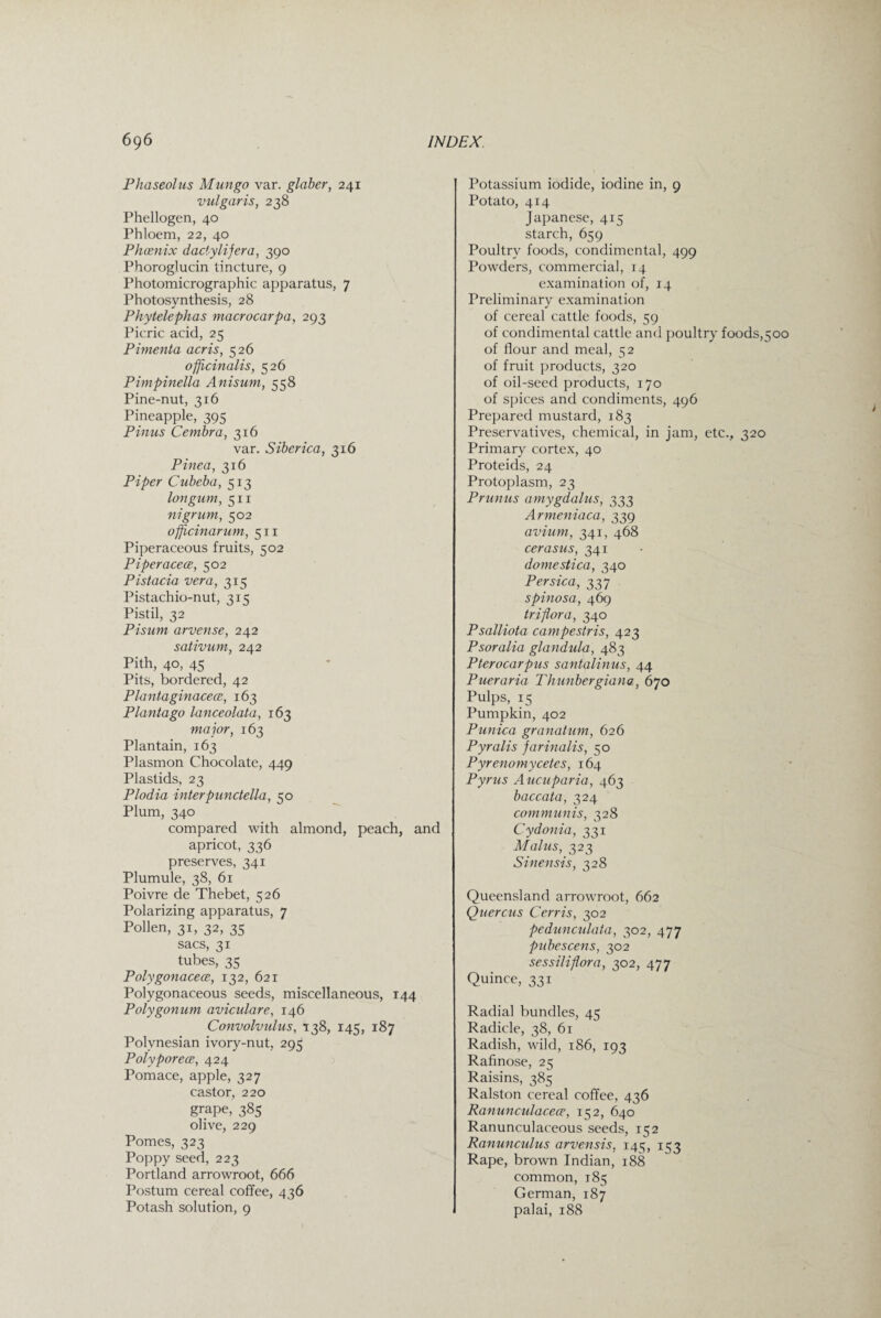Phaseolus Mungo var. glaber, 241 vulgaris, 238 Phellogen, 40 Phloem, 22, 40 Phoenix dac'/ylijera, 390 Phoroglucin tincture, 9 Photomicrographic apparatus, 7 Photosynthesis, 28 Phytelephas macrocarpa, 293 Picric acid, 25 Pimenta acris, 526 officinalis, 526 Pimpinella Anisurn, 558 Pine-nut, 316 Pineapple, 395 Pinus Cembra, 316 var. Siberica, 316 Pinea, 316 Piper Cubeba, 513 longum, 511 nigrum, 502 offcinarum, 511 Piperaceous fruits, 502 Piperacece, 502 Pistacia vera, 315 Pistachio-nut, 315 Pistil, 32 Pisum arvense, 242 sativum, 242 Pith, 40, 45 Pits, bordered, 42 Plantaginacece, 163 Plantago lanceolata, 163 major, 163 Plantain, 163 Plasmon Chocolate, 449 Plastids, 23 Plodia interpunctella, 50 Plum, 340 compared with almond, peach, and apricot, 336 preserves, 341 Plumule, 38, 61 Poivre de Thebet, 526 Polarizing apparatus, 7 Pollen, 31, 32, 35 sacs, 31 tubes, 35 Polygonacece, 132, 621 Polygonaceous seeds, miscellaneous, 144 Polygonum aviculare, 146 Convolvulus, 138, 145, 187 Polynesian ivory-nut, 295 Polyporece, 424 Pomace, apple, 327 castor, 220 grape, 385 olive, 229 Pomes, 323 Poppy seed, 223 Portland arrowroot, 666 Postum cereal coffee, 436 Potash solution, 9 Potassium iodide, iodine in, 9 Potato, 414 Japanese, 415 starch, 659 Poultry foods, condimental, 499 Powders, commercial, 14 examination of, 14 Preliminary examination of cereal cattle foods, 59 of condimental cattle and poultry foods,500 of flour and meal, 52 of fruit products, 320 of oil-seed products, 170 of spices and condiments, 496 Prepared mustard, 183 Preservatives, chemical, in jam, etc., 320 Primary cortex, 40 Proteids, 24 Protoplasm, 23 Prunus amygdalus, 333 Armeniaca, 339 avium, 341, 468 cerasus, 341 domestica, 340 Persica, 337 spinosa, 469 triflora, 340 Psalliota campestris, 423 Psoralia glandula, 483 Pterocarpus santalinus, 44 Pueraria Thunbergiana, 670 Pulps, 15 Pumpkin, 402 Punic a gran atum, 626 Pyralis farinalis, 50 Pyrenomycetes, 164 Pyrus Aucuparia, 463 baccata, 324 communis, 328 Cydonia, 331 Malus, 323 Sinensis, 328 Queensland arrowroot, 662 Quercus Cerris, 302 pedunculata, 302, 477 pubescens, 302 sessiliflora, 302, 477 Quince, 331 Radial bundles, 45 Radicle, 38, 61 Radish, wild, 186, 193 Rafinose, 25 Raisins, 385 Ralston cereal coffee, 436 Ranunculacece, 152, 640 Ranunculaceous seeds, 152 Ranunculus arvensis, 14c;, 133 Rape, brown Indian, 188 common, 185 German, 187 palai, 188
