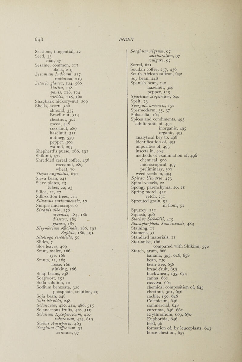 Sections, tangential, 12 Seed, 33 coat, 37 Sesame, common, 217 black, 219 Sesamum Indicum, 217 radiatum, 219 Setaria glauca, 124, 560 Italica, 118 panis, 118, 124 viridis, 118, 560 Shagbark hickory-nut, 299 Shells, acorn, 306 almond, 337 Brazil-nut, 314 chestnut, 302 cocoa, 448 cocoanut, 289 hazelnut, 311 nutmeg, 539 pepper, 309 walnut, 297 Shepherd’s purse, 186, 191 Shikimi, 572 Shredded cereal coffee, 436 cocoanut, 289 wheat, 70 Sicyos angulatus, 670 'Sieva bean, 241 Sieve plates, 23 tubes, 22, 23 Silica, 21, 27 Silk-cotton trees, 211 Silvanus surinamensis, 50 Simple microscope, 6 Sinapis alba, 176 arvensis, 184, 186 dissect a, 189 glauca, 187 Sisymbrium officinale, 186, 191 Sophia, 186, 191 Sitotroga cerealella, 50 Slides, 7 Sloe leaves, 469 Smut, maize, 166 rye, 166 Smuts, 51, 165 loose, 166 stinking, 166 Snap beans, 238 Soap wort, 151 Soda solution, 10 Sodium benzoate, 320 phosphate, solution, 25 Soja bean, 248 Soja hispida, 248 Solanacece, 410, 414, 486,. 515 Solanaceous fruits, 410, 515 Solan um Lycopersicum, 410 tuberosum, 414, 659 Sorbus Aucuparia, 463 Sorghum Caffromm, 97 cernuum, 97 Sorghum nigrum, 97 saccharatum, 97 vulgare, 97 Sorrel, 621 Soudan coffee, 257, 436 South African saffron, 632 Soy bean, 248 Spanish bean, 240 hazelnut, 309 pepper, 515 Spartium scoparium, 640 Spelt, 73 Spergula arvensis, 152 Spermoderm, 35, 37 Sphacelia, 164 Spices and condiments, 493 adulterants of, 494 inorganic, 495 organic, 495 analytical key to, 498 identification of, 495 impurities of, 493 insects in, 494 methods of examination of, 496 chemical, 500 microscopical, 497 preliminary, 500 weed seeds in, 494 Spircea Ulmaria, 473 Spiral vessels, 22 Spongy parenchyma, 20, 21 Spring morel, 422 vetch, 251 Sprouted grain, 51 in flour, 51 Spurrey, 152 Squash, 406 Stachys Sieboldii, 415 Stachytarpheta Jamaicensis, 483 Staining, 17 Stamens, 31 Standard materials, 11 Star-anise, 566 compared with Shikimi, 572 Starch, arum, 666 banana, 395, 646, 658 bean, 239 bean-tree, 658 bread-fruit, 659 buckwheat, 135, 654 canna, 662 cassava, 664 chemical composition of, 645 chestnut, 301, 656 cockle, 150, 646 Colchicum, 646 commercial, 648 curcuma, 646, 662 Ervthronium, 669, 670 Euphorbia, 646 feed, 96 formation of, by leucoplasts, 643 horse-chestnut, 657