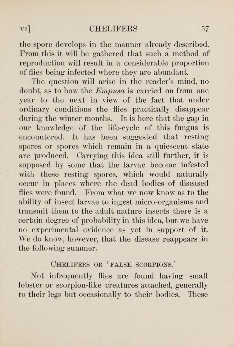 the spore develops in the manner already described. From this it will be gathered that such a method of reproduction will result in a considerable proportion of flies being infected where they are abundant. The question will arise in the reader’s mind, no doubt, as to how the Empusa is carried on from one year to the next in view of the fact that under ordinary conditions the flies practically disappear during the winter months. It is here that the gap in our knowledge of the life-cycle of this fungus is encountered. It has been suggested that resting spores or spores which remain in a quiescent state are produced. Carrying this idea still further, it is supposed by some that the larvae become infested with these resting spores, which would naturally occur in places where the dead bodies of diseased flies were found. From what we now know as to the ability of insect larvae to ingest micro-organisms and transmit them to the adult mature insects there is a certain degree of probability in this idea, but we have no experimental evidence as yet in support of it. We do know, however, that the disease reappears in the following summer. CHELIFERS OR ‘ FALSE SCORPIONS.’ Not infrequently flies are found having small lobster or scorpion-like creatures attached, generally to their legs but occasionally to their bodies. These