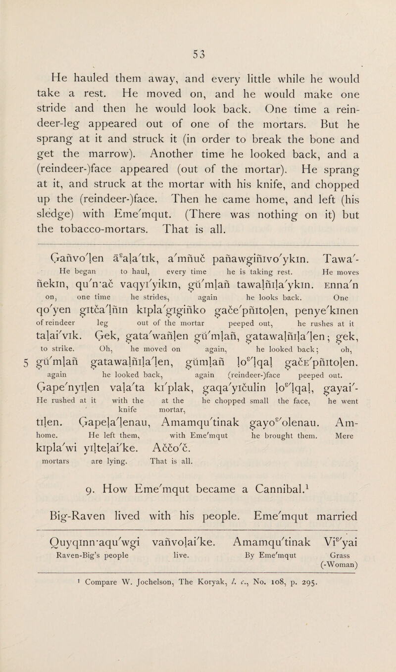 He hauled them away, and every little while he would take a rest. He moved on, and he would make one stride and then he would look back. One time a rein- deer-leg appeared out of one of the mortars. But he sprang at it and struck it (in order to break the bone and get the marrow). Another time he looked back, and a (reindeer-)face appeared (out of the mortar). He sprang at it, and struck at the mortar with his knife, and chopped up the (reindeer-)face. Then he came home, and left (his sledge) with Eme'mqut. (There was nothing on it) but the tobacco-mortars. That is all. Ganvoden a8aladik, adnnuc pahawginivo'ykin. Tawa'- He began to haul, every time he is taking rest. He moves nekin, qudvac vaqyi'yikin, gu'mlan tawalnila'ykin. Enna'n on, one time he strides, again he looks back. One qo'yen gitcadnin kipla'giginko gace'pnitolen, penye'kinen of reindeer leg out of the mortar peeped out, he rushes at it talai'vik. Gek, gata'wanlen gu'mlan, gatawalhiladen; gek, to strike. Oh, he moved on again, he looked back 5 oh, 5 gu'mlah gatawalhiladen, gumlan lo8dqal gacE'pnitolen. again he looked back, again (reindeer-)face peeped out. Gape'nyilen valada ki'plak, gaqa'yiculin JoHqal, gayah- He rushed at it with the at the he chopped small the face, he went knife mortar, then. Gapeladenau, Amamqudinak gayos:/olenau. Am- home. He left them, with Eme'mqut he brought them. Mere kipladvi yikelabke. AccoT. mortars are lying. That is all. 9. How Emednqut became a Cannibal.1 Big-Raven lived with his people. Eme7mqut married Ouyqinn'aqudvgi vanvolai/ke. Amamqudinak Vi8/yai Raven-Big’s people live. By Eme'mqut Grass (-Woman)