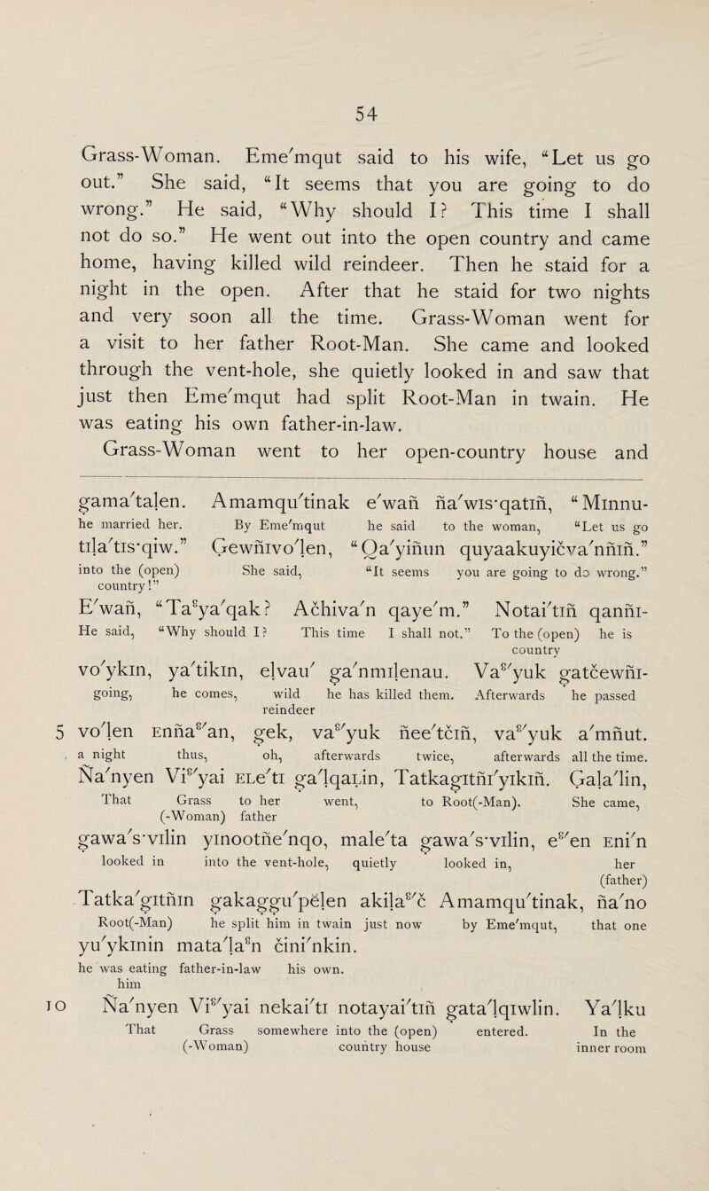 Grass-Woman. Eme'mqut said to his wife, “Let us go out.” She said, “It seems that you are going to do wrong.” He said, “Why should I? This time I shall not do so.” He went out into the open country and came home, having killed wild reindeer. Then he staid for a night in the open. After that he staid for two nights and very soon all the time. Grass-Woman went for a visit to her father Root-Man. She came and looked through the vent-hole, she quietly looked in and saw that just then Eme'mqut had split Root-Man in twain. He was eating his own father-in-law. Grass-Woman went to her open-country house and gama'talen. Amamqu'tinak ewan na'wis’qatin, “Minnu- he married her. By Eme'mqut he said to the woman, “Let us go tila'tis*qiw.” Gewnivo'len, “Qa'yinun quyaakuyicva'nnin.” into the (open) She said, “It seems you are going to do wrong.” country!” E'wan, “Ta'ya'qak? Achiva'n qaye'm.” Notai'tin qanni- He said, “Why should I? This time I shall not.” To the (open) he is country vo'ykin, ya'tikin, elvau' ga'nmilenau. Va8/yuk gatcewnx- going, he comes, wild he has killed them. Afterwards he passed reindeer 5 vo'len Enna8'an, gek, va8'yuk nee'tcin, va8'yuk a'mnut. a night thus, oh, afterwards twice, afterwards all the time. Na'nyen Vi8/yai ELe'ti ga'lqaun, Tatkagitni'yikin. Gala'lin, 1 hat Grass to her went, to Root(-Man). She came, (-Woman) father gawa's’vilin yinootne'nqo, maleda gawa'swilin, e8'en Eni'n looked in into the vent-hole, quietly looked in. IO her (father) Tatka'gitnin gakaggu'pelen akila8'c Amamqu'tinak, na'no Root(-Man) he split him in twain just now by Eme'mqut, that one yu'ykinin matada8n cini'nkin. he was eating father-in-law his own. him Na'nyen Vi8/yai nekai'ti notayai'tin gatadqiwlin. Yadku That Grass somewhere into the (open) entered. In the (-Woman) country house inner room