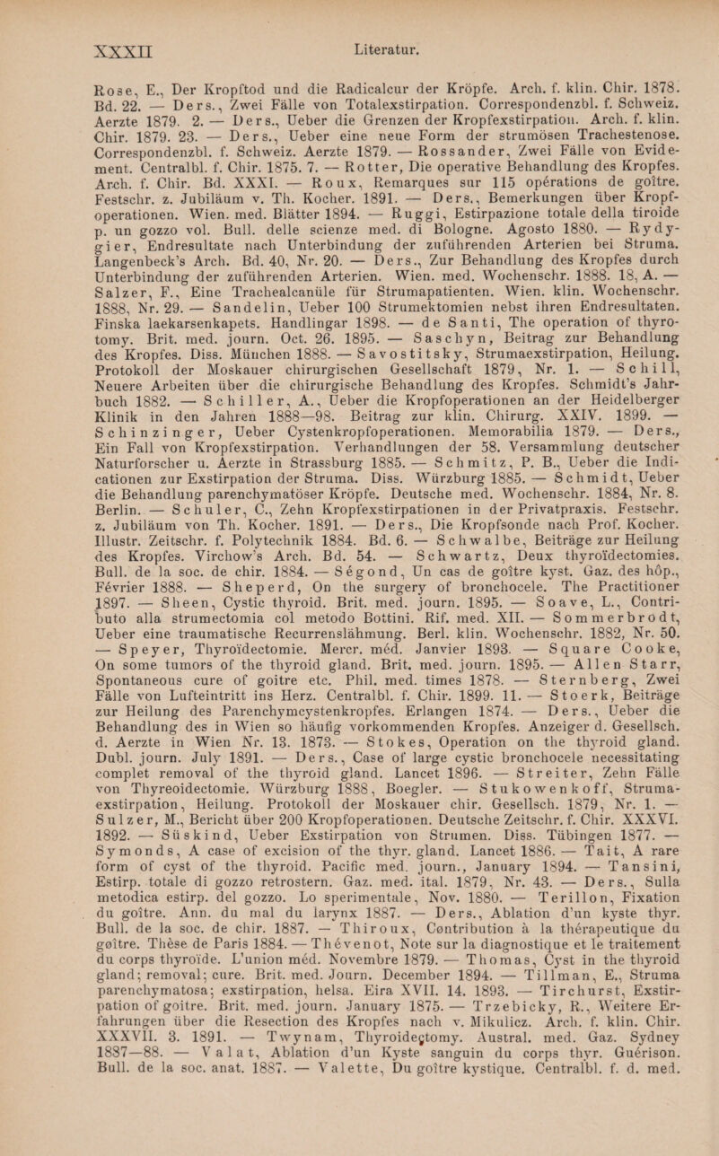 Rose, E., Der Kropftod und die Radicalcur der Kröpfe. Arch. f. klin. Chir. 1878. Bd. 22. — Ders., Zwei Fälle von Totalexstirpation. Correspondenzbl. f. Schweiz. Aerzte 1879. 2.— Ders., Ueber die Grenzen der Kropfexstirpation. Arcli. f. klin. Chir. 1879. 23. — Ders., Ueber eine neue Form der strumösen Trachestenose. Correspondenzbl. f. Schweiz. Aerzte 1879. — Rossander, Zwei Fälle von Evide- ment. Centralbl. f. Chir. 1875. 7. — Rotter, Die operative Behandlung- des Kropfes. Arch. f. Chir. Bd. XXXI. — Roux, Remarques sur 115 operations de goitre. Festschr. z. Jubiläum v. Th. Kocher. 1891. — Ders., Bemerkungen über Kropf¬ operationen. Wien. med. Blätter 1894. — Ruggi, Estirpazione totale della tiroide p. un gozzo vol. Bull, delle scienze med. di Bologne. Agosto 1880. — Rydy¬ gier, Endresultate nach Unterbindung der zuführenden Arterien bei Struma. Langenbeck’s Arch. Bd. 40, Nr. 20. — Ders., Zur Behandlung des Kropfes durch Unterbindung der zuführenden Arterien. Wien. med. Wochenschr. 1888. 18, A. — Salzer, F., Eine Trachealcanüle für Strumapatienten. Wien. klin. Wochenschr. 1888, Nr. 29.— Sandelin, Ueber 100 Strumektomien nebst ihren Endresultaten. Finska laekarsenkapets. Handlingar 1898. — de Santi, The Operation of thyro- tomy. Brit. med. journ. Oct. 26. 1895. — Saschyn, Beitrag zur Behandlung des Kropfes. Diss. München 1888. — Savostitsky, Strumaexstirpation, Heilung. Protokoll der Moskauer chirurgischen Gesellschaft 1879, Nr. 1. — Schill, Neuere Arbeiten über die chirurgische Behandlung des Kropfes. Schmidt’s Jahr¬ buch 1882. — Schiller, A., Ueber die Kropfoperationen an der Heidelberger Klinik in den Jahren 1888—98. Beitrag zur klin. Chirurg. XXIV. 1899. — Schinzinger, Ueber Cystenkropfoperationen. Memorabilia 1879. — Ders., Ein Fall von Kropfexstirpation. Verhandlungen der 58. Versammlung deutscher Naturforscher u. Aerzte in Strassburg 1885.— Schmitz, P. B., Ueber die Indi- cationen zur Exstirpation der Struma. Diss. Würzburg 1885. — Schmidt, Ueber die Behandlung parenchymatöser Kröpfe. Deutsche med. Wochenschr. 1884, Nr. 8. Berlin. — Schüler, C., Zehn Kropfexstirpationen in der Privatpraxis. Festschr. z. Jubiläum von Th. Kocher. 1891. — Ders., Die Kropfsonde nach Prof. Kocher. Illustr. Zeitschr. f. Polytechnik 1884. Bd. 6.— Schwalbe, Beiträge zur Heilung des Kropfes. Virchow’s Arch. Bd. 54. — Schwartz, Deux thyroidectomies. Bull, de la soc. de chir. 1884. — Segond, Un cas de goitre ky^st,. Gaz. des höp., Fevrier 1888. — Sheperd, On the surgery of bronchocele. The Practitioner 1897. — Sheen, Cystic thyroid. Brit. med. journ. 1895. — Soave, L., Contri- buto alla strumectomia col metodo Bottini. Rif. med. XII.— Somm erbrod t, Ueber eine traumatische Recurrenslähmung. Berl. klin. Wochenschr. 1882, Nr. 50. — Speyer, Thyroidectomie. Mercr. med. Janvier 1893. — Square Cooke, On some tumors of the thy^roid gland. Brit. med. journ. 1895. — Allen Starr, Spontaneous eure of goitre etc. Phil. med. times 1878. — Sternberg, Zwei Fälle von Lufteintritt ins Herz. Centralbl. f. Chir. 1899. 11.— Stoerk, Beiträge zur Heilung des Parenchymcystenkropfes. Erlangen 1874. — Ders., Ueber die Behandlung des in Wien so häufig vorkommenden Kropfes. Anzeiger d. Gesellsch. d. Aerzte in Wien Nr. 13. 1873. — Stokes, Operation on the thy^roid gland. Dubl. journ. July- 1891. — Ders., Case of large cystic bronchocele necessitating complet removal of the thyroid gland. Lancet 1896. — Streiter, Zehn Fälle von Thyreoidectomie. Würzburg 1888, Boegler. — Stukowenkoff, Struma¬ exstirpation, Heilung. Protokoll der Moskauer chir. Gesellsch. 1879, Nr. 1. — S u 1 z e r, M., Bericht über 200 Kropfoperationen. Deutsche Zeitschr. f. Chir. XXXVI. 1892. — Süskind, Ueber Exstirpation von Strumen. Diss. Tübingen 1877. — Symonds, A case of excision of the thyr. gland. Lancet 1886.— Tait, A rare form of cyst of the thyroid. Pacific med. journ., January 1894. — Tansini, Estirp. totale di gozzo retrostern. Gaz. med. ital. 1879, Nr. 43. — Ders., Sulla metodica estirp. del gozzo. Lo sperimentale, Nov. 1880. — Terillon, Fixation du goitre. Ann. du mal du larynx 1887. — Ders., Ablation d’un kyste thyr. Bull, de la soc. de chir. 1887. — Thiroux, Contribution ä la therapeutique du goitre. These de Paris 1884. — Thevenot, Note sur la diagnostique et le traitement du corps thyroide. L’union med. Novembre 1879. ■— Thomas, Cyst in the thyroid gland; removal; eure. Brit. med. Journ. December 1894. — Tillman, E., Struma parenchymatosa; exstirpation, heisa. Eira. XVII. 14. 1893. — Tire hurst, Exstir¬ pation of goitre. Brit. med. journ. January 1875.— Trzebicky, R., Weitere Er¬ fahrungen über die Resection des Kropfes nach v. Mikulicz. Arch. f. klin. Chir. XXXVII. 3. 1891. — Twynam, Thyroidegtomy. Austral, med. Gaz. Sydney 1887—88. — Valat, Ablation d’un Kyste sanguin du corps thyr. Guerison. Bull, de la soc. anat. 1887. — Valette, Du goitre kyrstique. Centralbl. f. d. med.