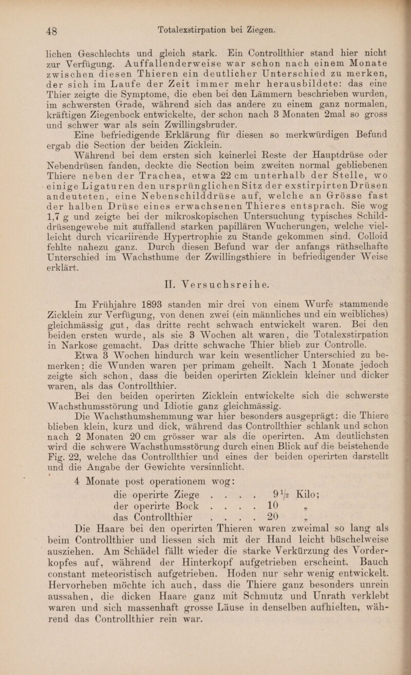 liehen Geschlechts und gleich stark. Ein Controllthier stand hier nicht zur Verfügung. Auffallenderweise war schon nach einem Monate zwischen diesen Thieren ein deutlicher Unterschied zu merken, der sich im Laufe der Zeit immer mehr herausbildete: das eine Thier zeigte die Symptome, die eben bei den Lämmern beschrieben wurden, im schwersten Grade, während sich das andere zu einem ganz normalen, kräftigen Ziegenbock entwickelte, der schon nach 3 Monaten 2mal so gross und schwer war als sein Zwillingsbruder. Eine befriedigende Erklärung für diesen so merkwürdigen Befund ergab die Section der beiden Zicklein. Während bei dem ersten sich keinerlei Beste der Hauptdrüse oder Hebendrüsen fanden, deckte die Section beim zweiten normal gebliebenen Thiere neben der Trachea, etwa 22 cm unterhalb der Stelle, wo einige Ligaturen den ursprünglichen Sitz der exstirpirten Drüsen andeuteten, eine Nebenschilddrüse auf, welche an Grösse fast der halben Drüse eines erwachsenen Tliieres entsprach. Sie wog 1,7 g und zeigte bei der mikroskopischen Untersuchung typisches Schild¬ drüsengewebe mit auffallend starken papillären Wucherungen, welche viel¬ leicht durch vicariirende Hypertrophie zu Stande gekommen sind. Colloid fehlte nahezu ganz. Durch diesen Befund war der anfangs räthselhafte Unterschied im Wachsthume der Zwillingstliiere in befriedigender Weise erklärt. II. Versuchsreihe. Im Frühjahre 1893 standen mir drei von einem Wurfe stammende Zicklein zur Verfügung, von denen zwei (ein männliches und ein weibliches) gleichmässig gut, das dritte recht schwach entwickelt waren. Bei den beiden ersten wurde, als sie 3 Wochen alt waren, die Totalexstirpation in Narkose gemacht. Das dritte schwache Thier blieb zur Controlle. Etwa 3 Wochen hindurch war kein wesentlicher Unterschied zu be¬ merken; die Wunden waren per primam geheilt. Nach 1 Monate jedoch zeigte sich schon, dass die beiden operirten Zicklein kleiner und dicker waren, als das Controllthier. Bei den beiden operirten Zicklein entwickelte sich die schwerste Wachsthumsstörung und Idiotie ganz gleichmässig. Die Wachsthumshemmung war hier besonders ausgeprägt: die Thiere blieben klein, kurz und dick, während das Controllthier schlank und schon nach 2 Monaten 20 cm grösser war als die operirten. Am deutlichsten wird die schwere Wachsthumsstörung durch einen Blick auf die beistehende Fig. 22, welche das Controllthier und eines der beiden operirten darstellt und die Angabe der Gewichte versinnlicht. 4 Monate post operationem wog: die operirte Ziege .... 9^2 Kilo; der operirte Bock .... 10 „ das Controllthier .... 20 „ Die Haare bei den operirten Thieren waren zweimal so lang als beim Controllthier und Hessen sich mit der Hand leicht büschelweise ausziehen. Am Schädel fällt wieder die starke Verkürzung des Vorder¬ kopfes auf, während der Hinterkopf aufgetrieben erscheint. Bauch constant meteoristisch aufgetrieben. Hoden nur sehr wenig entwickelt. Hervorheben möchte ich auch, dass die Thiere ganz besonders unrein aussahen, die dicken Haare ganz mit Schmutz und Unrath verklebt waren und sich massenhaft grosse Läuse in denselben aufhielten, wäh¬ rend das Controllthier rein war.