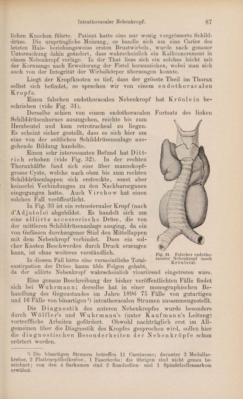 liehen Knochen führte. Patient hatte eine nur wenig vergrösserte Schild¬ drüse. Die ursprüngliche Meinung, es handle sich um eine Caries des letzten Hals- beziehungsweise ersten Brustwirbels, wurde nach genauer Untersuchung dahin geändert, dass wahrscheinlich ein Kalkconcrement in einem Nebenkropf vorläge. In der That liess sich ein solches leicht mit der Kornzange nach Erweiterung der Fistel herausziehen, wobei man sich auch von der Integrität der Wirbelkörper überzeugen konnte. Liegt der Kropfknoten so tief, dass der grösste Theil im Thorax selbst sich befindet, so sprechen wir von einem endothoracalen Kropfe. Einen falschen endothoracalen Nebenkropf hat Krönlein be¬ schrieben (vide Fig. 31). Derselbe schien von einem endothoracalen Fortsatz des linken Schilddrüsenhornes auszugehen, reichte bis zum Herzbeutel und kam retrotracheal zu liegen. Es scheint sicher gestellt, dass es sich hier um eine von der seitlichen Schilddrüsenanlage aus¬ gehende Bildung handelte. Einen sehr interessanten Befund hat Ditt- rich erhoben (vide Fig. 32). In der rechten Thoraxhälfte fand sich eine über mannskopf¬ grosse Cyste, welche nach oben bis zum rechten Schilddrüsenlappen sich erstreckte, sonst aber keinerlei Verbindungen zu den Nachbarorganen eingegangen hatte. Auch Virchow hat einen solchen Fall veröffentlicht. In Fig. 33 ist ein retrosternaler Kropf (nach d’Adjutolo) abgebildet. Es handelt sich um eine alliirte accessorische Drüse, die von der mittleren Schilddrüsenanlage ausging, da ein von Gefässen durchzogener Stiel den Mittellappen mit dem Nebenkropf verbindet. Dass ein sol- Fig. 31. racaler Falscher endotho- Nebenkropf (nach Krönlein). eher Knoten Beschwerden durch Druck erzeugen kann, ist ohne weiteres verständlich. In diesem Fall hätte eine vermeintliche Total¬ exstirpation der Drüse kaum üble Folgen gehabt, da der alliirte Nebenkropf wahrscheinlich vicariirend eingetreten wäre. Eine genaue Beschreibung der bisher veröffentlichten Fälle findet sich bei Wuhrmann; derselbe hat in einer monographischen Be¬ handlung des Gegenstandes im Jahre 1896 75 Fälle von gutartigen und 16 Fälle von bösartigenx) intrathoracaien Strumen zusammengestellt. Die D i agnostik des unteren Nebenkropfes wurde besonders durch Wölfler’s und Wuhrmann’s (unter Kaufmanns Leitung) vortreffliche Arbeiten gefördert. Obwohl nachträglich erst im All¬ gemeinen über die Diagnostik des Kropfes gesprochen wird, sollen hier die diagnostischen Besonderheiten der Nebenkröpfe schon erörtert werden. 9 Die bösartigen Strumen betreffen 11 Carcinome; darunter 3 Medullar- krebse, 2 Plattenepithelkrebse, 1 Faserkrebs; die übrigen sind nicht genau be¬ zeichnet ; von den 4 Sarkomen sind 2 Rundzellen- und 1 Spindelzellensarkom erwähnt.