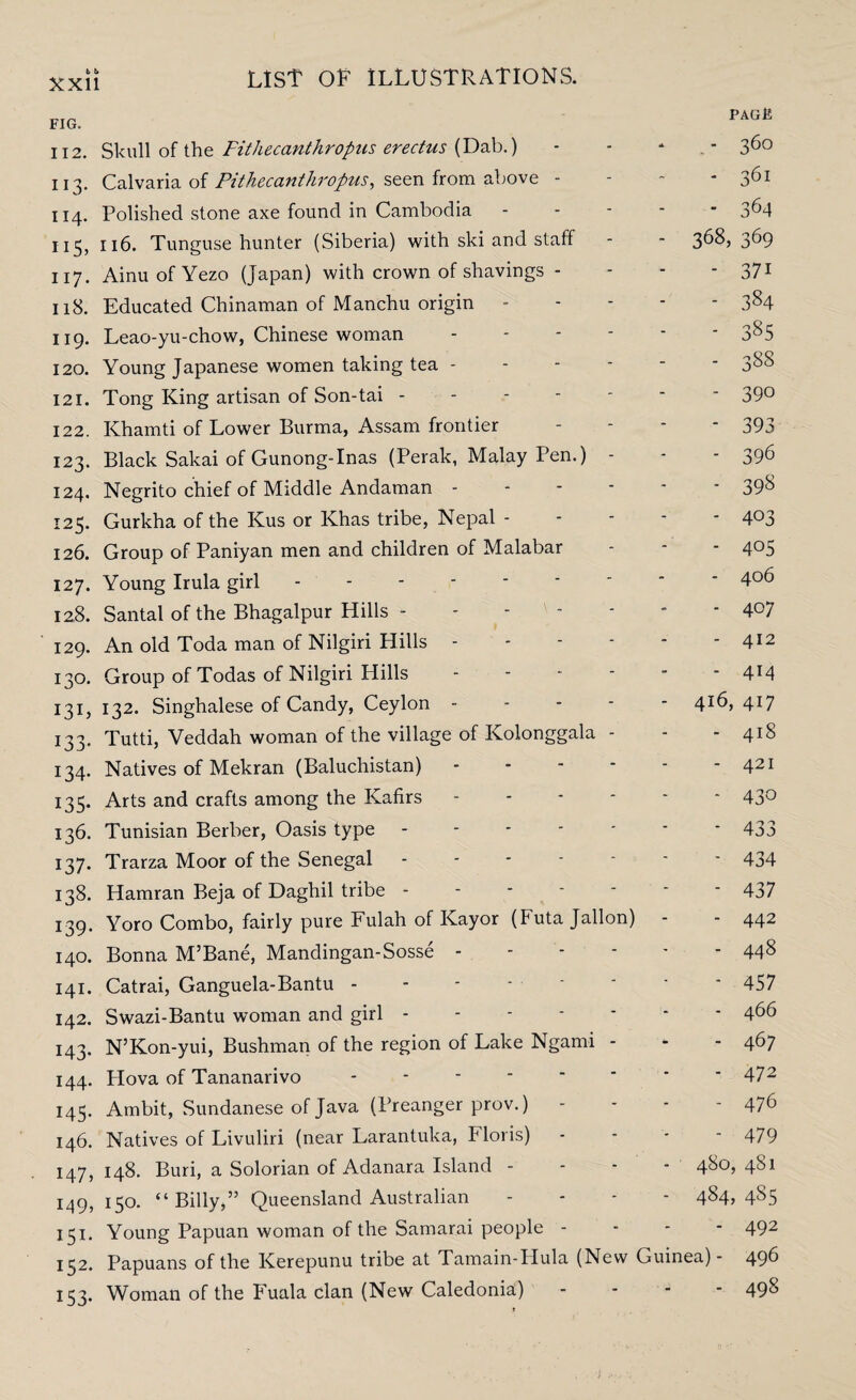 112. Skull of the Fithecanthropus erectus (Dab.) - - * 3^° 113. Calvaria of Pithecanthropus, seen from above - - - * 361 114. Polished stone axe found in Cambodia ----- 364 115. 116. Tunguse hunter (Siberia) with ski and staff - - 368, 3^9 117. AinuofYezo (Japan) with crown of shavings - - - - 371 118. Educated Chinaman of Manchu origin.384 119. Leao-yu-chow, Chinese woman.3^5 120. Young Japanese women taking tea.3^S 121. Tong King artisan of Son-tai ------- 39° 122. Khamti of Lower Burma, Assam frontier - - - - 393 123. Black Sakai of Gunong-Inas (Perak, Malay Pen.) - - - 396 124. Negrito chief of Middle Andaman ------ 39^ 125. Gurkha of the Kus or Khas tribe, Nepal ----- 403 126. Group of Paniyan men and children of Malabar - - - 405 127. Young Irula girl.4°6 12,8. Santal of the Bhagalpur Hills ------- 407 129. An old Toda man of Nilgiri Hills.4*2 130. Group of Todas of Nilgiri Hills ------ 414 131. 132. Singhalese of Candy, Ceylon ----- 416, 417 133. Tutti, Veddah woman of the village of Ivolonggala - - - 418 134. Natives of Mekran (Baluchistan) - - - • - - 421 135. Arts and crafts among the Kafirs ------ 430 136. Tunisian Berber, Oasis type ------- 433 137. Trarza Moor of the Senegal ------- 434 138. Hamran Beja of Daghil tribe ------- 437 139. Yoro Combo, fairly pure Fulah of Kayor (futa Jallon) - - 442 140. Bonna M’Bane, Mandingan-Sosse.44§ 141. Catrai, Ganguela-Bantu - - - * ■ ' ' ' * 457 142. Swazi-Bantu woman and girl.466 143. N’Kon-yui, Bushman of the region of Lake Ngami - - - 467 144. Hova of Tananarivo.472 145. Ambit, Sundanese of Java (Preanger prov.) - - - - 476 146. Natives of Livuliri (near Larantuka, Floris) - - - - 479 147,148. Buri, a Solorian of Adanara Island - 480,481 M9> I5°- “ Billy,” Queensland Australian - 4§4> 4S5 151. Young Papuan woman of the Samarai people - - - - 492 152. Papuans of the Kerepunu tribe at Tamain-Hula (New Guinea) - 496 153. Woman of the Fuala clan (New Caledonia) - 49^