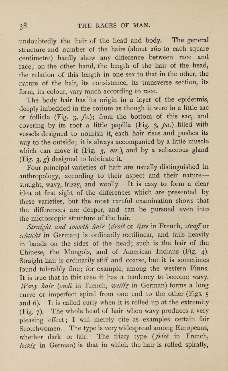 undoubtedly the hair of the head and body. The general structure and number of the hairs (about 260 to each square centimetre) hardly show any difference between race and race; on the other hand, the length of the hair of the head, the relation of this length in one sex to that in the other, the nature of the hair, its consistence, its transverse section, its form, its colour, vary much according to race. The body hair has its origin in a layer of the epidermis, deeply imbedded in the corium as though it were in a little sac or follicle (Fig. 3, fo.)\ from the bottom of this sac, and covering by its root a little papilla (Fig. 3, pa.') filled with vessels designed to nourish it, each hair rises and pushes its way to the outside; it is always accompanied by a little muscle which can move it (Fig. 3, mr.), and by a sebaceous gland (Fig. 3, g) designed to lubricate it. Four principal varieties of hair are usually distinguished in anthropology, according to their aspect and their nature— straight, wavy, frizzy, and woolly. It is easy to form a clear idea at first sight of the differences which are presented by these varieties, but the most careful examination shows that the differences are deeper, and can be pursued even into the microscopic structure of the hair. Straight a7id smooth hair {droit or lisse in French, straff ox schlicht in German) is ordinarily rectilinear, and falls heavily in bands on the sides of the head; such is the hair of the Chinese, the Mongols, and of American Indians (Fig. 4). Straight hair is ordinarily stiff and coarse, but it is sometimes found tolerably fine; for example, among the western Finns. It is true that in this case it has a tendency to become wavy. Wavy hair {onde in French, wellig in German) forms a long curve or imperfect spiral from one end to the other (Figs. 5 and 6). It is called curly when it is rolled up at the extremity (Fig. 7). The whole head of hair when wavy produces a very pleasing effect; I will merely cite as examples certain fair Scotchwomen. The type is very widespread among Europeans, whether dark or fair. The frizzy type {/rise in French, lockig in German) is that in which the hair is rolled spirally,