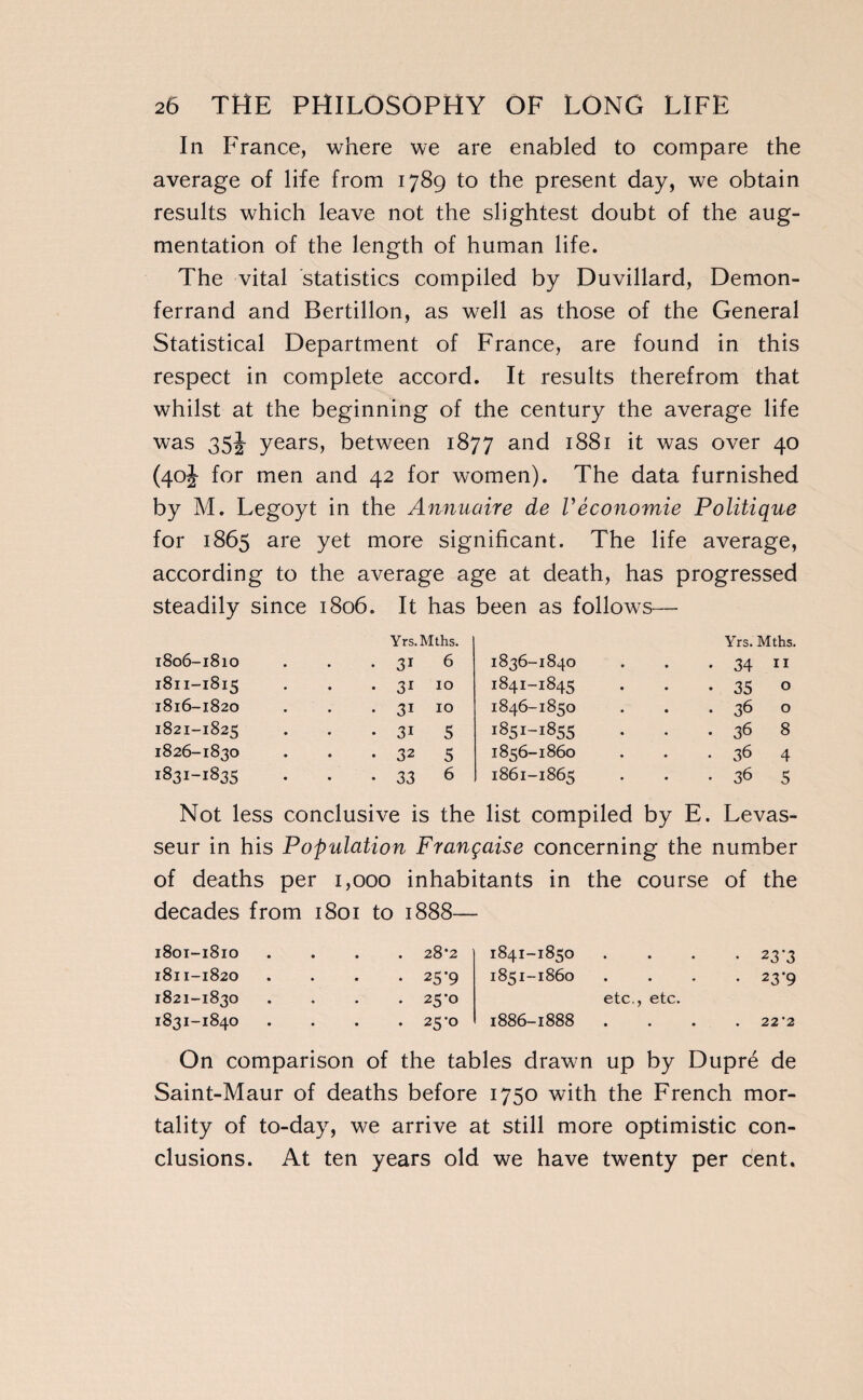 In France, where we are enabled to compare the average of life from 1789 to the present day, we obtain results which leave not the slightest doubt of the aug¬ mentation of the length of human life. The vital statistics compiled by Duvillard, Demon- ferrand and Bertillon, as well as those of the General Statistical Department of France, are found in this respect in complete accord. It results therefrom that whilst at the beginning of the century the average life was 35Ï years, between 1877 and 1881 it was over 40 (40J for men and 42 for women). The data furnished by M. Legoyt in the Annuaire de Véconomie Politique for 1865 are yet more significant. The life average, according to the average age at death, has progressed steadily since 1806. It has been as follows— Yrs. Mths. Yrs. Mths. 1806-1810 • 31 6 1836-1840 • 34 11 1811-1815 • 31 10 1841-1845 • 35 0 1816-1820 • 31 10 1846-1850 • 36 0 1821-1825 • 31 5 1851-1855 • 36 8 1826-1830 . 32 5 1856-1860 • 36 4 1831-1835 • 33 6 1861-1865 • 36 5 Not less conclusive is the list compiled by E. Levas- seur in his Population Française concerning the number of deaths per 1,000 inhabitants in the course of the decades from 1801 to 1888— 1801-1810 1811-1820 1821-1830 1831-1840 28*2 1841-1850 • 23*3 25’9 1851-1860 • 23*9 25-0 etc., etc. 25-0 1886—1888 . . 22 '2 On comparison of the tables drawn up by Dupré de Saint-Maur of deaths before 1750 with the French mor¬ tality of to-day, we arrive at still more optimistic con¬ clusions. At ten years old we have twenty per cent.