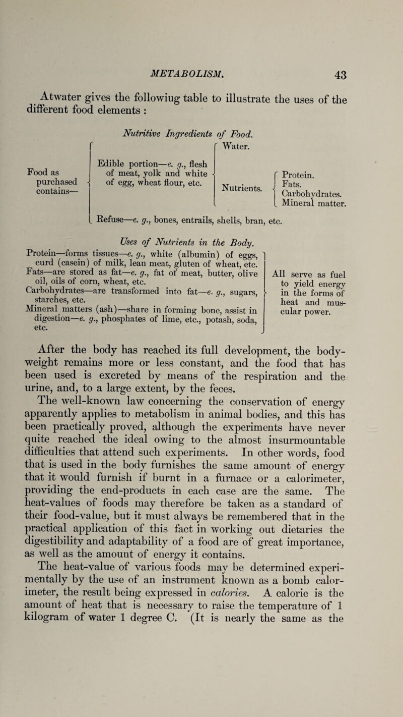 Atwater gives the followiug table to illustrate the uses of the different food elements : Food as purchased contains— Nutritive Ingredients of Food. Water. Edible portion—e. g., flesh of meat, yolk and white i of egg, wheat flour, etc. Nutrients. Protein. Fats. Carbohydrates. „ Mineral matter. _ Refuse—e. g., bones, entrails, shells, bran, etc. Uses of Nutrients in the Body. Protein—forms tissues—e. g., white (albumin) of eggs, ' curd (casein) of milk, lean meat, gluten of wheat, etc. Fats—are stored as fat—e. g., fat of meat, butter, olive oil, oils of corn, wheat, etc. Carbohydrates—are transformed into fat—e. g., sugars, - starches, etc. Mineral matters (ash)—share in forming bone, assist in digestion—e. g., phosphates of lime, etc., potash, soda, etc. All serve as fuel to yield energy in the forms of heat and mus¬ cular power. After the body has reached its full development, the body- weight remains more or less constant, and the food that has been used is excreted by means of the respiration and the urine, and, to a large extent, by the feces. The well-known law concerning the conservation of energy apparently applies to metabolism in animal bodies, and this has been practically proved, although the experiments have never quite reached the ideal owing to the almost insurmountable difficulties that attend such experiments. In other words, food that is used in the body furnishes the same amount of energy that it would furnish if burnt in a furnace or a calorimeter, providing the end-products in each case are the same. The heat-values of foods may therefore be taken as a standard of their food-value, but it must always be remembered that in the practical application of this fact in working out dietaries the digestibility and adaptability of a food are of great importance, as well as the amount of energy it contains. The heat-value of various foods may be determined experi¬ mentally by the use of an instrument known as a bomb calor¬ imeter, the result being expressed in calories. A calorie is the amount of heat that is necessary to raise the temperature of 1 kilogram of water 1 degree C. (It is nearly the same as the
