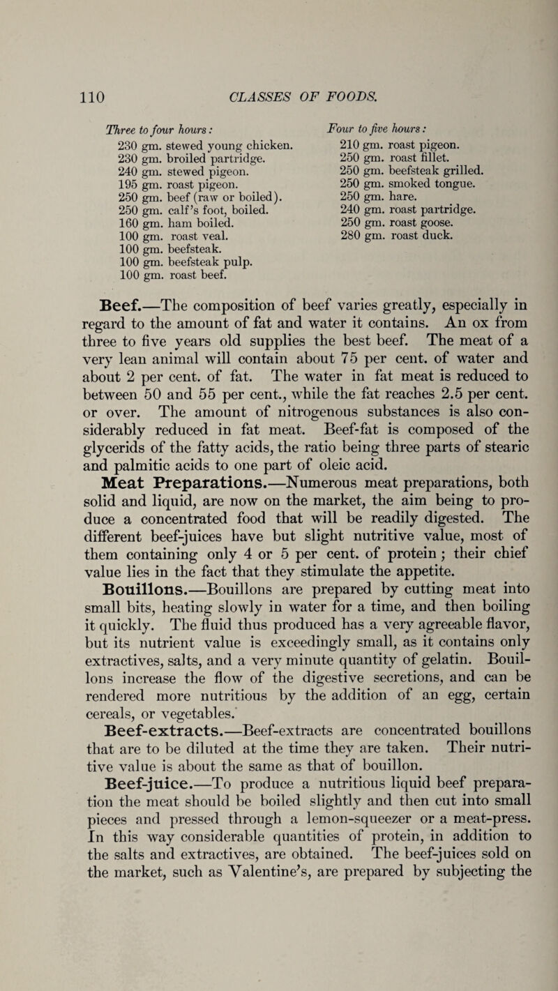 Three to four hours: 230 gm. stewed young chicken. 230 gm. broiled partridge. 240 gm. stewed pigeon. 195 gm. roast pigeon. 250 gm. beef (raw or boiled). 250 gm. calf’s foot, boiled. 160 gm. ham boiled. 100 gm. roast veal. 100 gm. beefsteak. 100 gm. beefsteak pulp. 100 gm. roast beef. Four to five hours: 210 gm. roast pigeon. 250 gm. roast fillet. 250 gm. beefsteak grilled. 250 gm. smoked tongue. 250 gm. hare. 240 gm. roast partridge. 250 gm. roast goose. 280 gm. roast duck. Beef.—The composition of beef varies greatly, especially in regard to the amount of fat and water it contains. An ox from three to five years old supplies the best beef. The meat of a very lean animal will contain about 75 per cent, of water and about 2 per cent, of fat. The water in fat meat is reduced to between 50 and 55 per cent., while the fat reaches 2.5 per cent, or over. The amount of nitrogenous substances is also con¬ siderably reduced in fat meat. Beef-fat is composed of the glycerids of the fatty acids, the ratio being three parts of stearic and palmitic acids to one part of oleic acid. Meat Preparations.—Numerous meat preparations, both solid and liquid, are now on the market, the aim being to pro¬ duce a concentrated food that will be readily digested. The different beef-juices have but slight nutritive value, most of them containing only 4 or 5 per cent, of protein ; their chief value lies in the fact that they stimulate the appetite. Bouillons.—Bouillons are prepared by cutting meat into small bits, heating slowly in water for a time, and then boiling it quickly. The fluid thus produced has a very agreeable flavor, but its nutrient value is exceedingly small, as it contains only extractives, salts, and a very minute quantity of gelatin. Bouil¬ lons increase the flow of the digestive secretions, and can be rendered more nutritious by the addition of an egg, certain cereals, or vegetables. Beef-extracts.—Beef-extracts are concentrated bouillons that are to be diluted at the time they are taken. Their nutri¬ tive value is about the same as that of bouillon. Beef-juice.—To produce a nutritious liquid beef prepara¬ tion the meat should be boiled slightly and then cut into small pieces and pressed through a lemon-squeezer or a meat-press. In this way considerable quantities of protein, in addition to the salts and extractives, are obtained. The beef-juices sold on the market, such as Valentine’s, are prepared by subjecting the