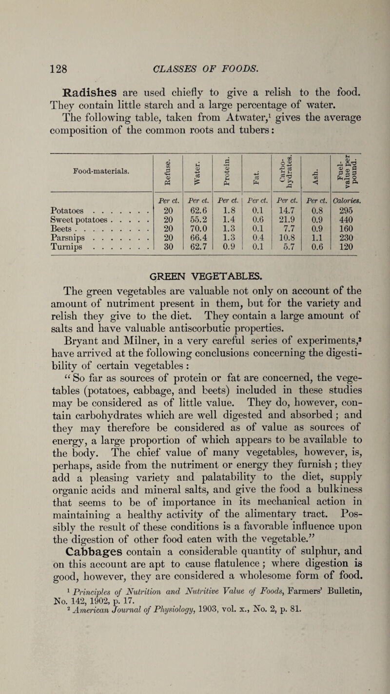 Radishes are used chiefly to give a relish to the food. They contain little starch and a large percentage of water. The following table, taken from Atwater,1 gives the average composition of the common roots and tubers: Food-materials. Refuse. Water. Protein. 4-> Co pH Carbo¬ hydrates. Ash. Fuel- value per pound. Per ct. Per ct. Per ct. Per ct. Per ct. Per ct. Calories. Potatoes. 20 62.6 1.8 0.1 14.7 0.8 295 Sweet potatoes. 20 55.2 1.4 0.6 21.9 0.9 440 Beets. 20 70.0 1.3 0.1 7.7 0.9 160 Parsnips. 20 66.4 1.3 0.4 10.8 1.1 230 Turnips. 30 62.7 0.9 0.1 5.7 0.6 120 GREEN VEGETABLES, The green vegetables are valuable not only on account of the amount of nutriment present in them, but for the variety and relish they give to the diet. They contain a large amount of salts and have valuable antiscorbutic properties. Bryant and Milner, in a very careful series of experiments,2 have arrived at the following conclusions concerning the digesti¬ bility of certain vegetables : “ So far as sources of protein or fat are concerned, the vege¬ tables (potatoes, cabbage, and beets) included in these studies may be considered as of little value. They do, however, con¬ tain carbohydrates which are well digested and absorbed; and they may therefore be considered as of value as sources of energy, a large proportion of which appears to be available to the body. The chief value of many vegetables, however, is, perhaps, aside from the nutriment or energy they furnish; they add a pleasing variety and palatability to the diet, supply organic acids and mineral salts, and give the food a bulki ness that seems to be of importance in its mechanical action in maintaining a healthy activity of the alimentary tract. Pos¬ sibly the result of these conditions is a favorable influence upon the digestion of other food eaten with the vegetable.” Cabbages contain a considerable quantity of sulphur, and on this account are apt to cause flatulence; where digestion is good, however, they are considered a wholesome form of food. 1 Principles of Nutrition and Nutritive Value of Foods, Farmers’ Bulletin, No. 142, 1902, p. 17. 2 American Journal of Physiology, 1903, vol. x., No. 2, p. 81.