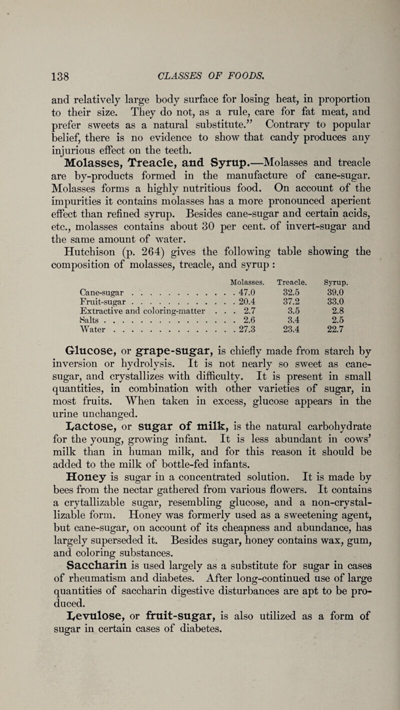 and relatively large body surface for losing heat, in proportion to their size. They do not, as a rule, care for fat meat, and prefer sweets as a natural substitute.” Contrary to popular belief, there is no evidence to show that candy produces any injurious effect on the teeth. Molasses, Treacle, and Syrup.—Molasses and treacle are by-products formed in the manufacture of cane-sugar. Molasses forms a highly nutritious food. On account of the impurities it contains molasses has a more pronounced aperient effect than refined syrup. Besides cane-sugar and certain acids, etc., molasses contains about 30 per cent, of invert-sugar and the same amount of water. Hutchison (p. 264) gives the following table showing the composition of molasses, treacle, and syrup : Molasses. Treacle. Syrup. Cane-sugar. . . . 47.0 32.5 39.0 Fruit-sugar. . . . 20.4 37.2 33.0 Extractive and coloring-matter ... 2.7 3.5 2.8 Salts. ... 2.6 3.4 2.5 Water. . . . 27.3 23.4 22.7 Glucose, or grape-sugar, is chiefly made from starch by inversion or hydrolysis. It is not nearly so sweet as cane- sugar, and crystallizes with difficulty. It is present in small quantities, in combination with other varieties of sugar, in most fruits. When taken in excess, glucose appears in the urine unchanged. I^actose, or sugar of milk, is the natural carbohydrate for the young, growing infant. It is less abundant in cows’ milk than in human milk, and for this reason it should be added to the milk of bottle-fed infants. Honey is sugar in a concentrated solution. It is made by bees from the nectar gathered from various flowers. It contains a crytallizable sugar, resembling glucose, and a non-crystal- lizable form. Honey was formerly used as a sweetening agent, but cane-sugar, on account of its cheapness and abundance, has largely superseded it. Besides sugar, honey contains wax, gum, and coloring substances. Saccharin is used largely as a substitute for sugar in cases of rheumatism and diabetes. After long-continued use of large quantities of saccharin digestive disturbances are apt to be pro¬ duced. Tevulose, or fruit-sugar, is also utilized as a form of sugar in certain cases of diabetes.