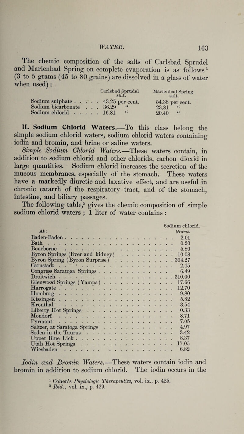 The chemic composition of the salts of Carlsbad Sprudel and Marienbad Spring on complete evaporation is as follows1 (3 to 5 grams (45 to 80 grains) are dissolved in a glass of water when used) : Carlsbad Sprudel Marienbad Spring salt. salt. Sodium sulphate. 43.25 per cent. 54.38 per cent. Sodium bicarbonate . . . 36.29 “ 23.81 “ Sodium cblorid.16.81 “ 20.40 “ II. Sodium Chlorid Waters.—To this class belong the simple sodium chlorid waters, sodium chlorid waters containing iodin and bromin, and brine or saline waters. Simple Sodium Chlorid Waters.—These waters contain, in addition to sodium chlorid and other chlorids, carbon dioxid in large quantities. Sodium chlorid increases the secretion of the mucous membranes, especially of the stomach. These waters have a markedly diuretic and laxative effect, and are useful in chronic catarrh of the respiratory tract, and of the stomach, intestine, and biliary passages. The following table,2 gives the chemic composition of simple sodium chlorid waters ; 1 liter of water contains : Sodium cblorid. At: Grams. Baden-Baden. 2.01 Bath. 0.20 Bourborne . 5.80 Byron Springs (liver and kidney) .10.08 Byron Spring (Byron Surprise). 304.27 Carnstadt . . * •. 2.45 Congress Saratoga Springs. 6.49 Droitwich.310.00 Glen wood Springs (Yampa).17.66 Harrogate.12.70 Homburg. 9.80 Kissingen. 5.82 Kronthal. 3.54 Liberty Hot Springs. 0.33 Mondorf . 8.71 Pyrmont. 7.05 Seltzer, at Saratoga Springs. 4.97 Soden in the Taurus. 3.42 Upper Blue Lick. 8.37 Utah Hot Springs.17.05 Wiesbaden. 6.82 Iodin and Bromin Waters.—These waters contain iodin and bromin in addition to sodium chlorid. The iodin occurs in the 1 Coben’s Physiologic Therapeutics, vol. ix., p. 425. 2 Ibid., vol. ix., p. 429.