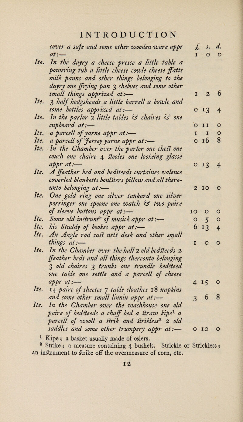 cover a safe and some other wooden ware appr at:— Ite. In the dayry a cheese presse a little table a powering tub a little cheese cowle cheese ffatts milk panns and other things belonging to the dayry one ffrying pan 3 shelves and some other small things apprized at:— Ite. 3 half hodgsheads a little barrell a bowle and some bottles apprized at:— Ite. In the parlor 2 little tables & chaires & one cupboard at:— Ite. a par cell of yarne appr at:— Ite. a par cell of Jersey yarne appr at:—- Ite. In the Chamber over the parlor one chett one couch one chaire 4 ttooles one lookeing glasse appr at:— Ite. A ffeather bed and bedtteeds curtaines valence cover led blanketts boulfters pillow and all there¬ unto belonging at:— Ite. One gold ring one silver tankard one silver porringer one spoone one watch & two paire of sleeve buttons appr at :— Ite. Some old inHrumts of musick appr at :— he. his Studdy of bookes appr at:— Ite. An Angle rod call nett desk and other small things at:— Ite. In the Chamber over the hall 2 old bedHeeds 2 ffeather beds and all things thereonto belonging 3 old chaires 3 trunks one trundle bedlieed one table one settle and a parcell of cheese appr at:— Ite. 14 paire of sheetes 7 table cloathes 18 napkins and some other small linnin appr at:— Ite. In the Chamber over the washhouse one old paire of bedlieeds a chaff bed a Hr aw kipe1 a parcell of wooll a ttrik and Hrikless2 2 old saddles and some other trumpery appr at:— 1 Kipe ; a basket usually made of osiers. 2 Strike ; a measure containing 4 bushels. Strickle or an instrument to Strike off the overmeasure of corn, etc. I S- d. IOO I 2 o 13 O II I I o 16 6 4 o o 8 013 4 2100 1000 050 6 13 4 IOO 4 15 0 3 6 8 0100 Strickless;