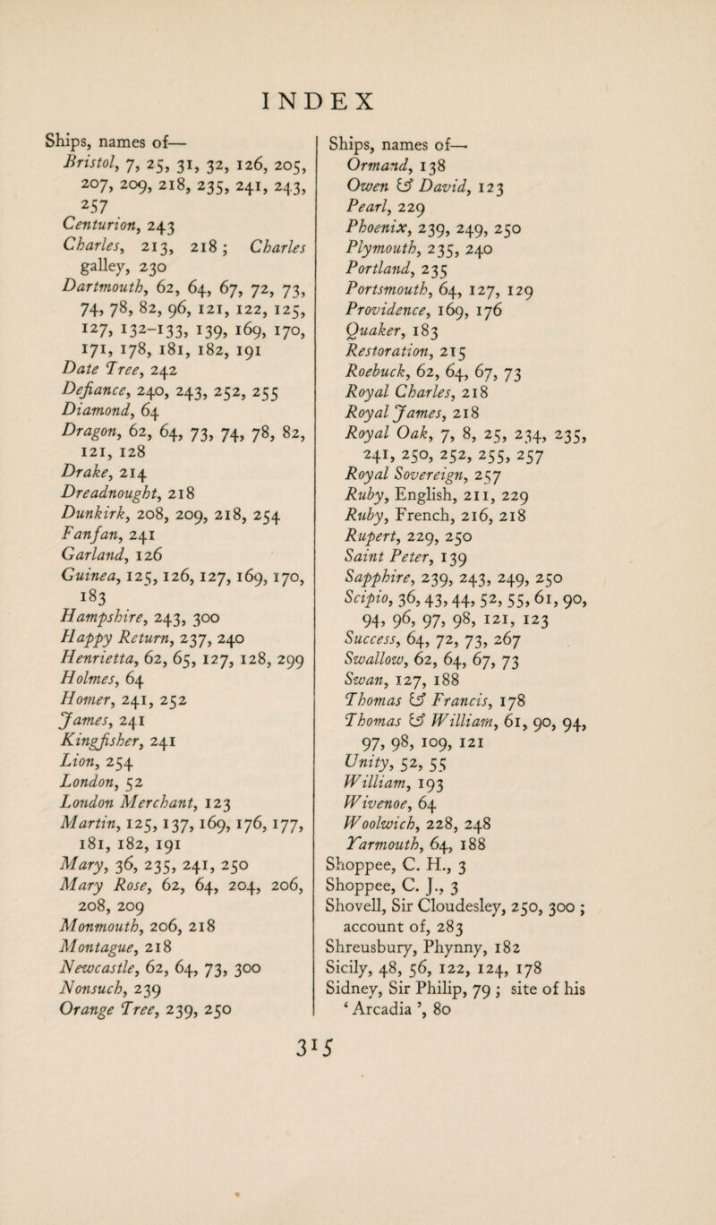 Ships, names of— Bristol, 7, 25, 31, 32, 126, 205, 207, 209, 218, 235, 241, 243, 257 Centurion, 243 Charles, 213, 218; Charles galley, 230 Dartmouth, 62, 64, 67, 72, 73, 74, 78, 82, 96, 121, 122, 125, 127, 132-133, 139, 169, 170, 171, 178, 181, 182, 191 Date Tree, 242 Defiance, 240, 243, 252, 255 Diamond, 64 Dragon, 62, 64, 73, 74, 78, 82, 121,128 Drake, 214 Dreadnought, 218 Dunkirk, 208, 209, 218, 254 Fan fan, 241 Garland, 126 Guinea, 125,126,127, 169, 170, 183 Hampshire, 243, 300 Happy Return, 237, 240 Henrietta, 62, 65, 127, 128, 299 Holmes, 64 Homer, 241, 252 James, 241 Kingfisher, 241 Lion, 254 London, 52 London Merchant, 123 MarZm, 125, 137, 169, 176, 177, 181, 182, 191 Mary, 36, 235, 241, 250 Mary Rose, 62, 64, 204, 206, 208, 209 Monmouth, 206, 218 Montague, 218 Newcastle, 62, 64, 73, 300 Nonsuch, 239 Orange Tree, 239, 250 Ships, names of—• Ormand, 138 y David, 123 Pearl, 229 Phoenix, 239, 249, 250 Plymouth, 235, 240 Portland, 235 Portsmouth, 64, 127, 129 Providence, 169, 176 Quaker, 183 Restoration, 215 Roebuck, 62, 64, 67, 73 Royal Charles, 218 Royal James, 218 £03^/ Oa*, 7, 8, 25, 234, 235, 241, 250, 252, 255, 257 Royal Sovereign, 257 English, 211, 229 Ruby, French, 216, 218 Rupert, 229, 250 Saint Peter, 139 Sapphire, 239, 243, 249, 250 Scipio, 36, 43, 44, 52, 55, 61, 90, 94> 96> 97> 98> I2I> I23 Success, 64, 72, 73, 267 Swallow, 62, 64, 67, 73 tozw, 127, 188 Thomas iff Francis, 178 Thomas ts? William, 61, 90, 94, 97, 98, 109, 121 Unity, 52, 55 William, 193 JFivenoe, 64 Woolwich, 228, 248 Yarmouth, 64, 188 Shoppee, C. H., 3 Shoppee, C. J., 3 Shovell, Sir Cloudesley, 250, 300 ; account of, 283 Shreusbuiy, Phynny, 182 Sicily, 48, 56, 122, 124, 178 Sidney, Sir Philip, 79 ; site of his ‘ Arcadia ’, 80 %