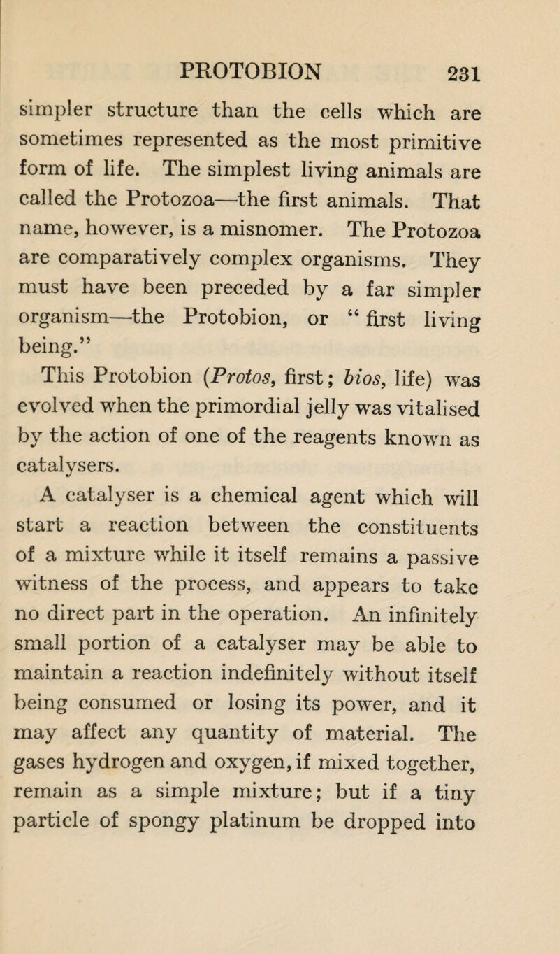 simpler structure than the cells which are sometimes represented as the most primitive form of life. The simplest living animals are called the Protozoa—the first animals. That name, however, is a misnomer. The Protozoa are comparatively complex organisms. They must have been preceded by a far simpler organism—the Protobion, or “ first living being.” This Protobion (Protos, first; bios, life) was evolved when the primordial jelly was vitalised by the action of one of the reagents known as catalysers. A catalyser is a chemical agent which will start a reaction between the constituents of a mixture while it itself remains a passive witness of the process, and appears to take no direct part in the operation. An infinitely small portion of a catalyser may be able to maintain a reaction indefinitely without itself being consumed or losing its power, and it may affect any quantity of material. The gases hydrogen and oxygen, if mixed together, remain as a simple mixture; but if a tiny particle of spongy platinum be dropped into