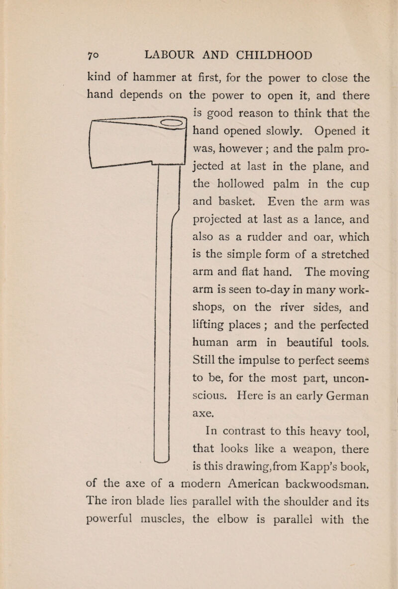 kind of hammer at first, for the power to close the hand depends on the power to open it, and there is good reason to think that the hand opened slowly. Opened it was, however; and the palm pro¬ jected at last in the plane, and the hollowed palm in the cup and basket. Even the arm was ' projected at last as a lance, and also as a rudder and oar, which is the simple form of a stretched arm and flat hand. The moving arm is seen to-day in many work¬ shops, on the river sides, and lifting places ; and the perfected human arm in beautiful tools. Still the impulse to perfect seems to be, for the most part, uncon¬ scious. Here is an early German axe. In contrast to this heavy tool, that looks like a weapon, there is this drawing,from Kapp’s book, of the axe of a modern American backwoodsman. The iron blade lies parallel with the shoulder and its powerful muscles, the elbow is parallel with the