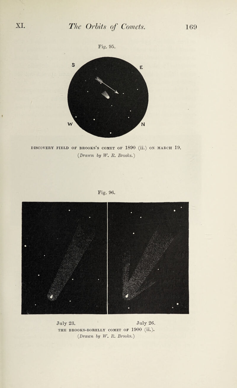 Fig. 95. DISCOVERY FIELD OF BROOKS'S COMET OF 1890 (ii.) ON MARCH 19. {Drawn by W. R. Brooks.) July 23. July 26. THE BROOKS-BORELLY COMET OF 1900 (ii.). {Drawn by W. R. Brooks.)