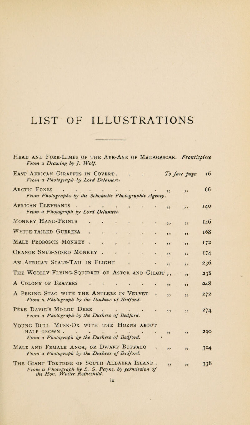 LIST OF ILLUSTRATIONS Head and Fore-Limbs of the Aye-Aye of Madagascar. Frontispiece From a Drawing by J. Wolf. East African Giraffes in Covert. From a Photograph by Lord Delamere. Arctic Foxes From Photographs by the Scholastic Photographic Agency. African Elephants. From a Photograph by Lord Delamere. Monkey Hand-Prints. To face page 57 55 55 55 White-tailed Guereza. Male Proboscis Monkey ...... Orange Snub-nosed Monkey. An African Scale-Tail in Flight „ The Woolly Flying-Squirrel of Astor and Gilgit ,, A Colony of Beavers . A Peking Stag with the Antlers in Velvet . From a Photograph by the Duchess of Bedford. PLre David’s Mi-lou Deer. From a Photograph by the Duchess of Bedford. Young Bull Musk-Ox with the Horns about half grown. From a Photograph by the Duchess of Bedford. Male and Female Anoa, or Dwarf Buffalo From a Photograph by the Duchess of Bedford. The Giant Tortoise of South Aldabra Island . From a Photograph by S. G. Payne, by permission of the Hon. Walter Rothschild. )} 55 y y yy y y yy yy yy yy yy yy y y yy yy yy 16 66 140 146 168 172 174 236 238 248 272 274 290 304 33&