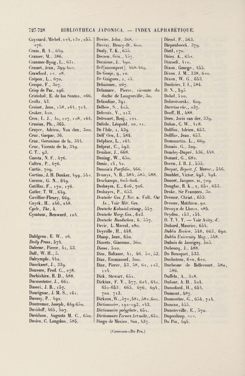 Coyssard, Michel, 1 2A, i 82, 25.7, ri 7 (i. Gram, R. A., 6A9. Cramer, M., 886. Cranmer-Byng, L., 63 t. (Grasset, Jean, 899^102. Crawford, i •>, 28. Crépon, L., (>70. Crespo, F., 807. Crisp de Pas, 29O. Cristobal, E. de los Sanies, 266. Crofls, AIE Croiset, Jean, 1.78, 1 GA , 71 A. Croker, A1 o. Cros, L. J., Ai, 137, 128, iGA. Crusius, Pli., 865. Cruyce, Adrien, Van den, doo. Cruz, Gaspar, dG. Cruz, Geronimo de la, dAA. Cruz, Vicente de la, dA9. C. T., 9d. Cuesta, N. F., A7G. Cultru, P., G7G. Curtis, 709. Curlius, J. H. Donker, A99,7A-.?. Curzon, G. N., G A 9. Cutillas, F., 170, 17G. Culler, T. \V., G A 9. Cuvillier-Fleury, 6G9. Cuyck, H., 2AG, 2A8. Cycle, The, A. Cysalum, Renward, 10A. Dahlgreu , E. W., 2G. Daily Press, 57A. Dalcene, Pierre, 51, f>d. Dali, W. H., 7. Dalrvmple, A A 2. Danckaert, J., 889. Danvers, Fred. C., 278. Darbishire, R. D., A88. Darmesteter, J., GG 1. Dasori, J. B., 157. Daurignac, J. M. S., 1G 1. Daussy, P., A92. Daulremer, Joseph, G A 9 G7o. DavidofT, A65, 607. Davidson, Augusta M. C., G7o. Davios, C. Langdon, 785. Davies, John , G68. Davray, Henry-1)., 6<>o. Dealy, T. K., G77. Decaen, Gén., A77. Decaisne, J.. A90. Dcf[auconpretj. AG8-AG9. De Goeje, 9, 10. De Guignes, 1, 27. Debaisnes, 267. Delamare, Pierre, vicomte du duché de Longueville, do. Delandine, d91. Delboe, S., A1 7. Delcroix, V., 21 d. Delessert, Benj., 121. Delisle, Léopold, 20, 21. De Plsle, 1, Ad9. Dell’ Oro, I., 58A. Del place, L., 1G A. Deiprat, C., 898. Deniker, J., GG8. Dening, W., G7o. Denis, 1 5 , A2. Den nies Portfolio, AG G. Dennys, N. B.. 58A, 787, 788. Descbamps, Go5-Go6. Deshayes, E., 62G, 70G. Deshayes, P., G7d. Deutsche Ges.f. Nat. u. Voile. Osl As., Voir Mit!, (les. Deutsche KoloniaDeilung, ùüj. Deutsche Morg. Ges., 626. Deutsche Rundschau, G, 7 7 7. Dévie, L. Marcel, 280. Deyrolle, H., A A8. Dhasp, Jean, 65o. Diaceto, Giacomo, G60. Diana, 52 0. Dias, Baltasar, Ai, AG, 72,73. Diaz, Emmanuel, doo. Diaz, Pierre, 5d, 78, 62, 12.*!, 12 A. Dick, Stewart, 651. Dickins, F. V., 577, 62A, GAi, G51-G5d; GG5, 676, 69A, 700, 713. Dickson, W., 772,581,782 ,601. Dictionnaire, 192-190, 2Ad. Dictionnaire polyglotte, G51. Dictionnaire Termes Art milit., 67 1. Diego de Mexico, San, A d 7. Diend, P., 56d. Diepenhoeck, 079. Diell, 1 70. Diôsy, A., 672. Disraeli, A 1 o. Dixon, George , A55. Dixon, J. M., dd8, 620. Dixon, W. G., 65d. Dmitriev, L I., 58A. 1). N., 597 Do bel, 52 0. Dobrotvorsky, 609. Doctrine chr., 287. Doeiï, H., A88. Does, Joris van der, 009. Dohm, C. W., A18. Dollfus, Adrien, 65d. Dollfus, Jean. 65d. Dommartiu, L., 669. Donaio, G., do9. Dondey-Dupré, A3G, A A 8. Donnet, G., 682, Doren, J. B. J., 577. Dorpat, Repert.f. Meleor., 5 A G. Doublet, Victor, A90 , A9A. Doucet, Jacques, xi, 709. Douglas, R. K., x, 65 >, 658. Drake, Sir Fraunces, 80. Dresser, Christ., G53. Dresser, Matthieu, 92. Drouyn de Lhuvs, 285. Dryden, 158, 15 A. D. T. Y. Y. — Voir Avily, d’. Duhard, Maurice, G5A. Dublin Revivre, 5A8, 668, 690. Dublin Uniccrsity Ma g., 7 A 8. Dubois de Jancigny, 5o7. Duboscq, J., A88. Du Bousquet, 583. Duclialeau, 62o, 622. Duchesne de Bellecourt, 78o, 78G. Duflels, A., 818. Dufour, A. H., 5*j»A. Dumolard, II., G5A. Dumont, A87. Dumontier, G., G7A , 71 A. Duncan, A77. Dunsterville, E., 870. Dupanloup. 212. Du Pin, 7q7. (tîoyssaiïd—De Pin.)