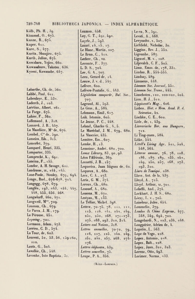 739-7*0 B1BLIOTHECA JAPONJCA. — INDEX ALPHABÉTIQUE. Kiilb, Pli. H. , 39. Kïiramel, 0., 675. Kunze, R., 670. Kuper, 611. Kure, S., *77. Kurita, Shuujiro, 675. Kurlh, Julius, 675. Kuvvabara, Yojiro, 660. Kuwasaburo, Takatsu, 636. Kyosai, Kawanabe, 6*7. Labarthe, Ch. de, 5Go. Labbé, Paul, Gai. Laboulaye, E., 53a. Laderch,J., i63. Laërtius, Albert, 261. La Farge, 675. Lahier, F., 36o. Lallemand, A., 318. Lamarck, J. B., A A 7. La Mazelière, M“de, GnG. Lambel, C' de, 590. Lameira, Eiti., 3i5. Lamorlel, 379. Lampard, Henri, 335. Lamparter, 335. Lamprecht, K., 691. Lancina, F., 155. Landor, A. H. Savage, Gai. Landresse, ix, 2AA , 2An. Lane-Poole, Stanley, G79, G9A. Lange, Rud., 676-678. 71A. Langegg> G78> °79- Landes, io3, 2A3, 2AA, AA7, A A 8, A55, A5G, A68. Langsdorfl, A60, A71. Langweil, Mmc, 709. Lanman, Ch., G79. La Parra, J. M., 179. La Pérouse, A51. Lapwing, 701. Larmann, Adam, A73. Larrieu, C. D., 57A. La Tour, de, 6o3. Laurent, 5a, 53,56, 109-160, 210. Lauts, G., 5oA. Lavallée, Ch., 5A8. Lavanha, Ioâo Baptista, 31. Laxman, A58. Lay, G. T., A91, A92. Layrle,J., 593. Lazari, 1A, 15, 17. Le Blanc, Martin, 207. Le Brun, C., Ai 2. Leclerc, Ch., vu. Lecomte, F., 377. L. D. S., 70A. Lee, G. A., 707. Leeu, Gérard de, 1 A. Leeuw, J. v. d., 5A7. Lelevre, 620. Lefèvre-Pontalis, G., AA3. Législation comparée, Bul. Soc., 707. Legrand, Al., 593. Le Gras, A., 58A. Lehmann, Emil, 617. Leik. Istomin, 6o5. Le Jeune, P. C., AA8. Leland, Charles G., A, 5. Le Maréchal, J. M., 679, 680. Le Mascrier, A35. Lemière, Em., 607. Lemke, H., 13. Lemoisne, André, 680,700. Lenox Library, 83 , 90,93. Léon l’Africain, 369. Leonetti, J. B., 157. Lequerica, Juan Iniguez de, 62. Lequeux, A., 680. Lera, C. A., 273. Leria, G. M., 37A. Leroux, Ch., G80. Lesouef, A., G80. Lessona, M., 670. Leslyau, M., 133. Le Tellier, Michel, 898. Lettere, 70-75, 78, 111, 112, 115, 11G, 2 A1, 2 A 2 , 2 A 9, a5i, 252, 268, 271-273, 275, 288, 293, 3io, 31 A. Le tiers and Notices, 318. Lettres annuelles, 70-72, 79, 116, 117, ia5, 2A2, 2A9, a5i, a52, 257, 268, 27A- 276. Lettres édifiantes, A39. Lettres nouvelles, rj'b. Leupe, P. A., 35G. Le-va, N., 591. Levali, A., A68. Levyssohn, x, 507. Lichfieid, Nicholas, 3o. Liggins, Rev. J., 552. Ligounhe, 587. Liguori, M. v., 208. Liljevalch, C. F., 5o5. Lima, Emm. de, 178, 331. Lindau, R., 55A-555. Lindsay, A89. Linnaeus, A A8. Linnean Soc. Journal, 551. Linnean Soc. Trans., A A 5. Linschoten, 122, 220-222, AoA. Lion, H. J., 512. Lippincott's Mag., 606. Lisboa, Hist. e Mem. Acad. 11. d. Sciencias, A2. Lischke, C. E., 602. Lisle, de, 1, A3g. Lilerarische Ber. ans Hungarn, 712. Li Ting-yuen, 58A. Litke, 5 A A. Littell’s Living Age, 5*21, 52A, 5A8, 56A. Litterae annuae, 76, 78, 108, 186, 187, 189, 235, 2A2, 2A9, 25o, 257, 268, 270, 293, 3io. Liuro de Taseiqui, 2 38. Llave, Ant. de la, A37. Lloyd, A., 715. Lloyd, Arthur, xi, 701. Lobelli, And., 37A. Lockhart, J. H. S., G80. Loczv, L. v., 705. Loiseleur, Jules, 65A. Lommelin, 379. London & China Express, A77, 5A8, 5A9, 69A,702. Longobardi, N., 223, 23A, 2A8. Longpérier, Adrien de, A. Lopatin, I., 563. Lope de Vega, 228. Lopez, Antonio, 228. Lopez, Balt. ,228. Lopez, Juan, 322, 323. Lorenz, Otto, A93. Lorimer, Norma, 233. ( Külis—Lokimo.)