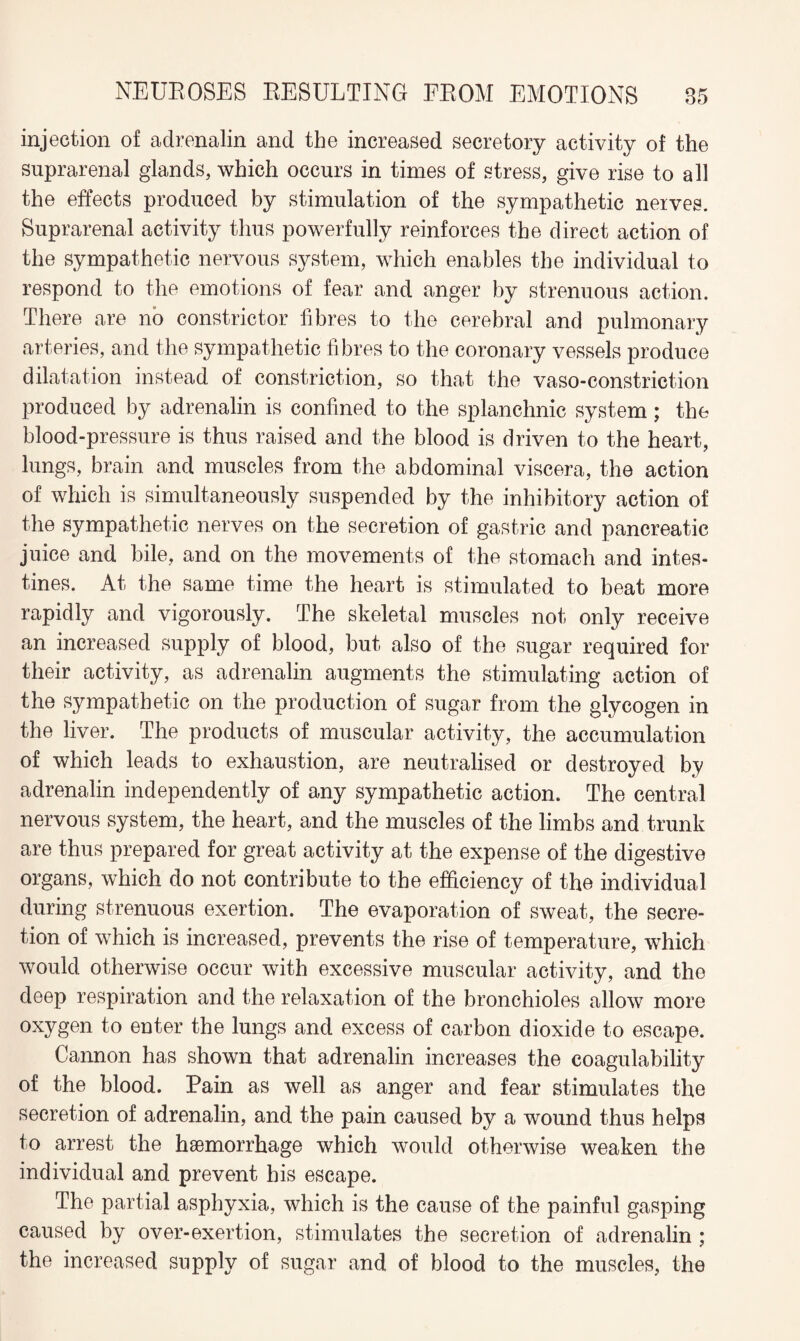 injection of adrenalin and the increased secretory activity of the suprarenal glands, which occurs in times of stress, give rise to all the effects produced by stimulation of the sympathetic nerves. Suprarenal activity thus powerfully reinforces the direct action of the sympathetic nervous system, which enables the individual to respond to the emotions of fear and anger by strenuous action. There are no constrictor fibres to the cerebral and pulmonary arteries, and the sympathetic fi bres to the coronary vessels produce dilatation instead of constriction, so that the vaso-constriction produced by adrenalin is confined to the splanchnic system; the blood-pressure is thus raised and the blood is driven to the heart, lungs, brain and muscles from the abdominal viscera, the action of which is simultaneously suspended by the inhibitory action of the sympathetic nerves on the secretion of gastric and pancreatic juice and bile, and on the movements of the stomach and intes¬ tines. At the same time the heart is stimulated to beat more rapidly and vigorously. The skeletal muscles not only receive an increased supply of blood, but also of the sugar required for their activity, as adrenalin augments the stimulating action of the sympathetic on the production of sugar from the glycogen in the liver. The products of muscular activity, the accumulation of which leads to exhaustion, are neutralised or destroyed by adrenalin independently of any sympathetic action. The central nervous system, the heart, and the muscles of the limbs and trunk are thus prepared for great activity at the expense of the digestive organs, which do not contribute to the efficiency of the individual during strenuous exertion. The evaporation of sweat, the secre¬ tion of which is increased, prevents the rise of temperature, which would otherwise occur with excessive muscular activity, and the deep respiration and the relaxation of the bronchioles allow more oxygen to enter the lungs and excess of carbon dioxide to escape. Cannon has shown that adrenalin increases the coagulability of the blood. Pain as well as anger and fear stimulates the secretion of adrenalin, and the pain caused by a wound thus helps to arrest the haemorrhage which would otherwise weaken the individual and prevent his escape. The partial asphyxia, which is the cause of the painful gasping caused by over-exertion, stimulates the secretion of adrenalin ; the increased supply of sugar and of blood to the muscles, the