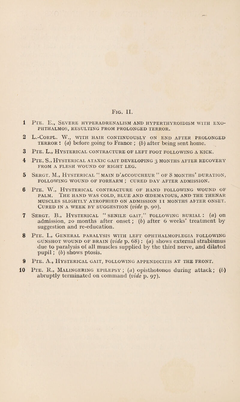 Fig. II. 1 Pte. E., Severe hyperadrenalism and hyperthyroidism with exo¬ phthalmos, RESULTING FROM PROLONGED TERROR. 2 L.-CORPL. W., WITH HAIR CONTINUOUSLY ON END AFTER PROLONGED terror : (a) before going to France ; (b) after being sent home. 3 Pte. L., Hysterical contracture of left foot following a kick. 4 Pte. S., Hysterical ataxic gait developing 3 months after recovery from a flesh wound of right leg. 5 Sergt. M., Hysterical “ main d’accoucheur ” of 8 months' duration, following wound of forearm ; cured day after admission. 6 Pte. W., Hysterical contracture of hand following wound of palm. The hand was cold, blue and cedematous, and the thenar MUSCLES SLIGHTLY ATROPHIED ON ADMISSION II MONTHS AFTER ONSET. Cured in a week by suggestion (vide p. 90). 7 Sergt. B., Hysterical “ senile gait,” following burial : (a) on admission, 20 months after onset; (b) after 6 weeks’ treatment by suggestion and re-education. 8 Pte. I., General paralysis with left ophthalmoplegia following gunshot wound of brain (vide p. 68): (a) shows external strabismus due to paralysis of all muscles supplied by the third nerve, and dilated pupil; (b) shows ptosis. 9 Pte. A.s Hysterical gait, following appendicitis at the front. 10 Pte. R., Malingering epilepsy; (a) opisthotonos during attack; (b) abruptly terminated on command (vide p. 97).