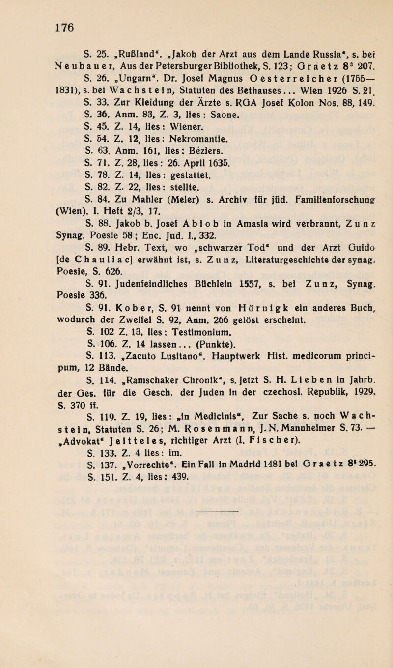 S. 25. „Rußland“. „Jakob der Arzt aus dem Lande Russia“, s. bei Neubauer, Aus der Petersburger Bibliothek, S. 123; Graetz 83 207. S. 26. „Ungarn“. Dr. Josef Magnus Oesterreicher (1755— 1831), s. bei Wachstein, Statuten des Bethauses... Wien 1926 S. 21„ S. 33. Zur Kleidung der Ärzte s. RGA Josef Kolon Nos. 88, 149. S. 36. Anm. 83, Z. 3, lies : Saone. S. 45. Z. 14, lies: Wiener. S. 54. Z. 12, lies: Nekromantie. S. 63. Anm. 161, lies: Beziers. S. 71. Z. 28, lies: 26. April 1635. S. 78. Z. 14, lies: gestattet. S. 82. Z. 22, lies: stellte. S. 84. Zu Mahler (Meier) s. Archiv für jüd. Familienforschung (Wien). 1. Heft 2/3, 17. S. 88. Jakob b. Josef A b 1 o b in Amasla wird verbrannt, Zunz Synag. Poesie 58; Enc. Jud. I., 332. S. 89. Hebr. Text, wo „schwarzer Tod“ und der Arzt Guido [de C h a u 1 i a c] erwähnt ist, s. Zunz, Literaturgeschichte der synag. Poesie, S. 626. S. 91. Judenfeindliches Büchlein 1557, s. bei Zunz, Synag. Poesie 336. S. 91. Kober, S. 91 nennt von Hörnlgk ein anderes Buch, wodurch der Zweifel S. 92, Anm. 266 gelöst erscheint. S. 102 Z. 13, lies: Testimonium. S. 106. Z. 14 lassen ... (Punkte). S. 113. „Zacuto Lusitano“. Hauptwerk Hist, medicorum princi- pum, 12 Bände. S. 114. „Ramschaker Chronik“, s. jetzt S. H. Lieben in Jahrb. der Ges. für die Gesch. der Juden in der czechosl. Republik, 1929, S. 370 ff. S. 119. Z. 19, lies: »in Medicinis“, Zur Sache s. noch Wach¬ stein, Statuten S. 26; M. R o s e n m a n n, J. N. Mannheimer S. 73. — „Advokat“ J e i 11 e 1 e s, richtiger Arzt (1. Fischer). S. 133. Z. 4 lies: im. S. 137. „Vorrechte*. Ein Fall ln Madrid 1481 bei Graetz 8* 295. S. 151. Z. 4, lies: 439.