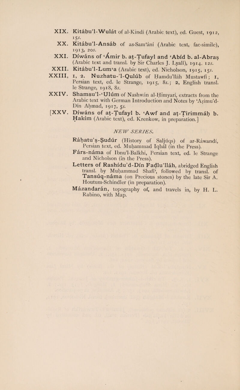 XIX. Kitabu’l-Wulat of al-Kindi (Arabic text), ed. Guest, 1912, 15^ XX. Kitabu’l-Ansab of as-Sam‘ani (Arabic text, fac-simile), 1913, 20^. XXI. Diwans of ‘Amir b. at-Tu^ay^ an<^ ‘Abfd b. al-Abras (Arabic text and transl. by Sir Charles J. Lyall), 1914, 12.9. XXII. Kitabu’l-Lum‘a (Arabic text), ed. Nicholson, 1915, 15.9. XXIII, 1, 2. Nuzhatu-’l-Qulub of Hamdu’llah Mustawfi; 1, Persian text, ed. le Strange, 1915, 8,9.; 2, English transl. le Strange, 1918, 8.9. XXIV. Shamsu’l-‘Ulum of Nashwan al-Himyari, extracts from the Arabic text with German Introduction and Notes by ‘Azimu’d- Din Ahmad, 1917, 5.9. [XXV. Diwans of at-Tufayl b. ‘Awf and at-T^r^mma^ b. Hakim (Arabic text), ed. Krenkow, in preparation.] NEW SERIES. Rahatu’s-Sudur (History of Saljuqs) of ar-Rawandi, Persian text, ed. Muhammad Iqbal (in the Press). Fars-nama of Ibnu’l-Balkhi, Persian text, ed. le Strange and Nicholson (in the Press). Letters of Rashfdu’d-Di'n Fadlu’llah, abridged English transl. by Muhammad ShafP, followed by transl. of Tansuq-nama (on Precious stones) by the late Sir A. Houtum-Schindler (in preparation). Mazandaran, topography of, and travels in, by H. L. Rabino, with Map.